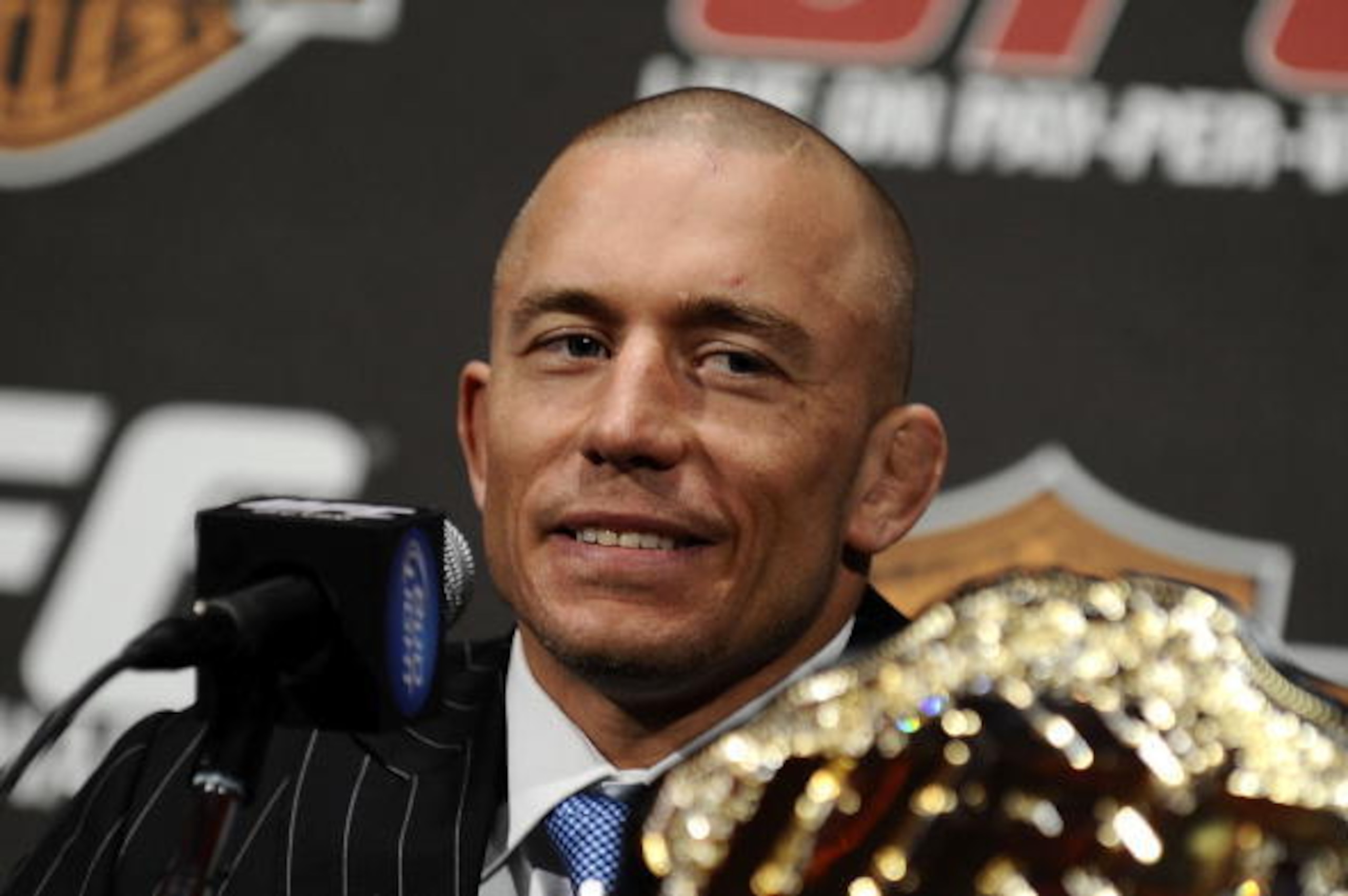 NEW YORK - MARCH 24:  Georges St-Pierre of Montreal, Quebec, Canada speaks at a press conference for UFC 111 at Radio City Music Hall on March 24, 2010 in New York City.  St-Pierre will face Dan Hardy of Nottingham UK in the Welterweight title bout. (Phot