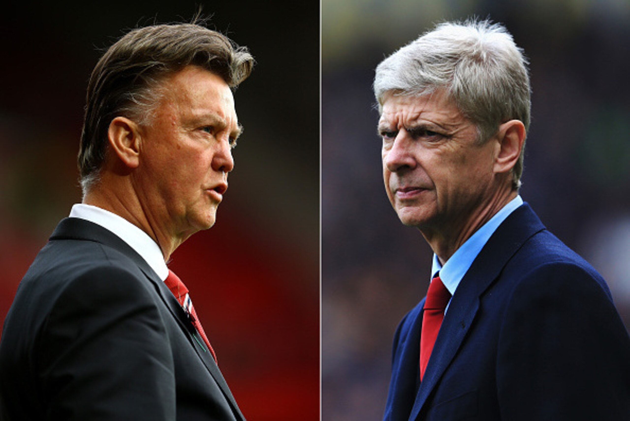 FILE PHOTO - (EDITORS NOTE: COMPOSITE OF TWO IMAGES - Image numbers (L) 458624178 and 485728065) In this composite image a comparision has been made between Louis van Gaal ,Manager of Manchester United (L) and Arsene Wenger, Manager of Arsenal . Arsenal a
