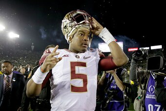 PASADENA, CA - JANUARY 01:  Quarterback Jameis Winston #5 of the Florida State Seminoles reacts after losing 59-20 to the Oregon Ducks in the College Football Playoff Semifinal at the Rose Bowl Game presented by Northwestern Mutual at the Rose Bowl on Jan