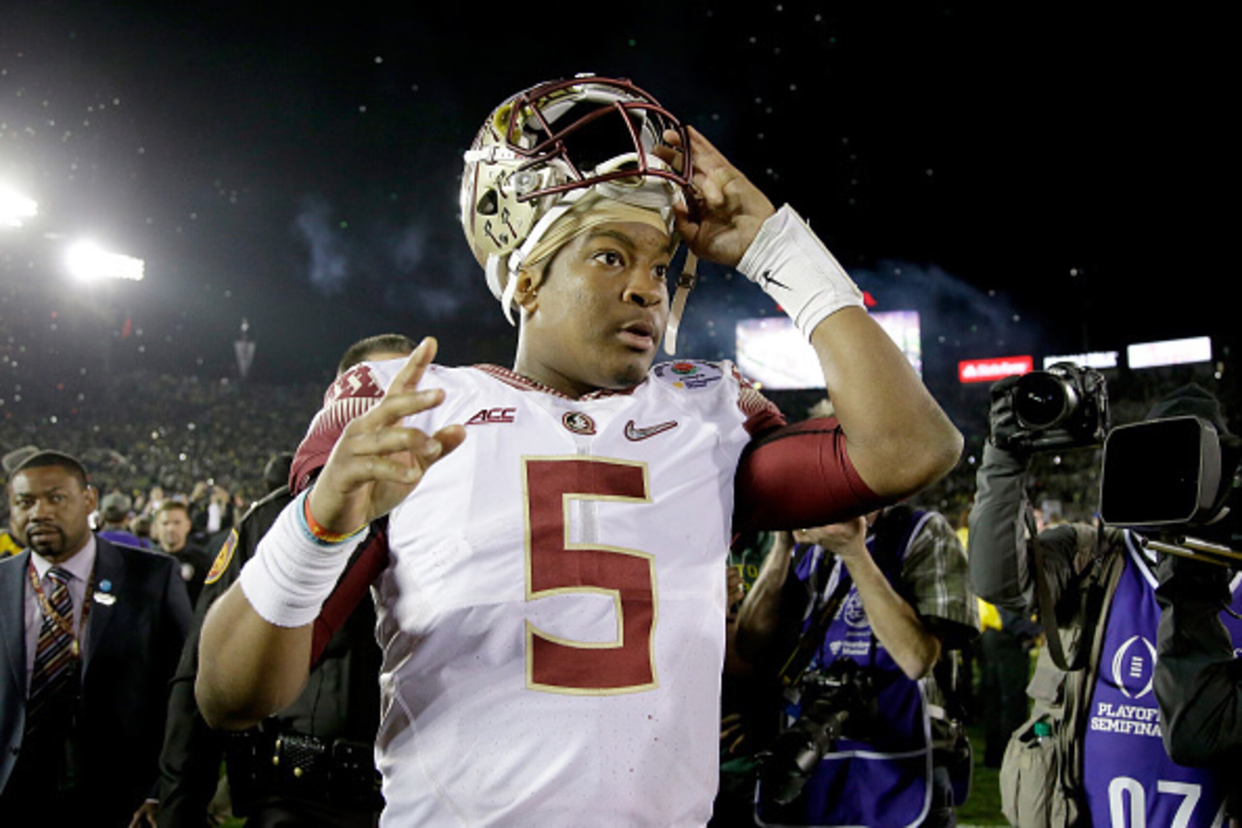 PASADENA, CA - JANUARY 01:  Quarterback Jameis Winston #5 of the Florida State Seminoles reacts after losing 59-20 to the Oregon Ducks in the College Football Playoff Semifinal at the Rose Bowl Game presented by Northwestern Mutual at the Rose Bowl on Jan