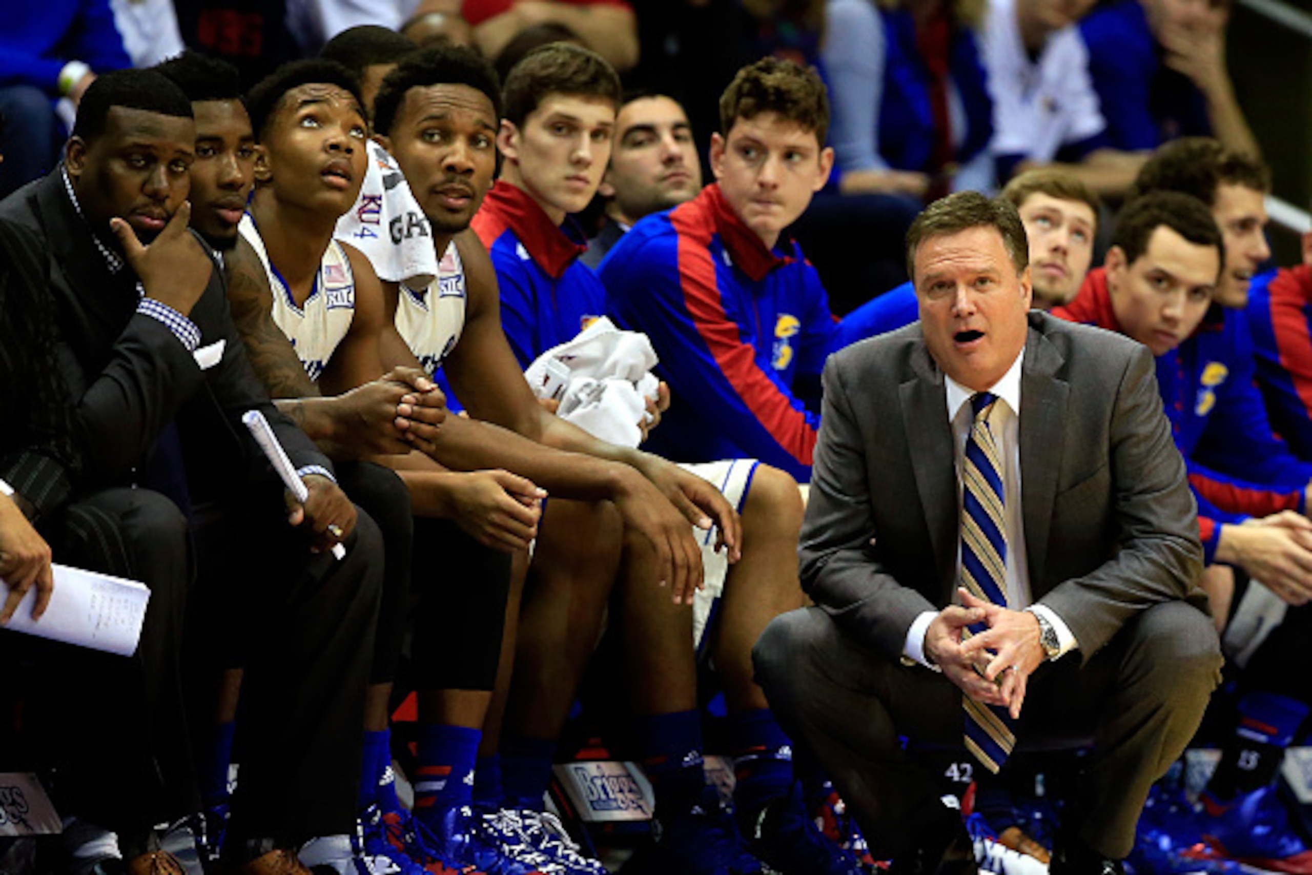 LAWRENCE, KS - JANUARY 19:  Head coach Bill Self of the Kansas Jayhawks watches from the bench during the game against the Oklahoma Sooners at Allen Fieldhouse on January 19, 2015 in Lawrence, Kansas.  (Photo by Jamie Squire/Getty Images)