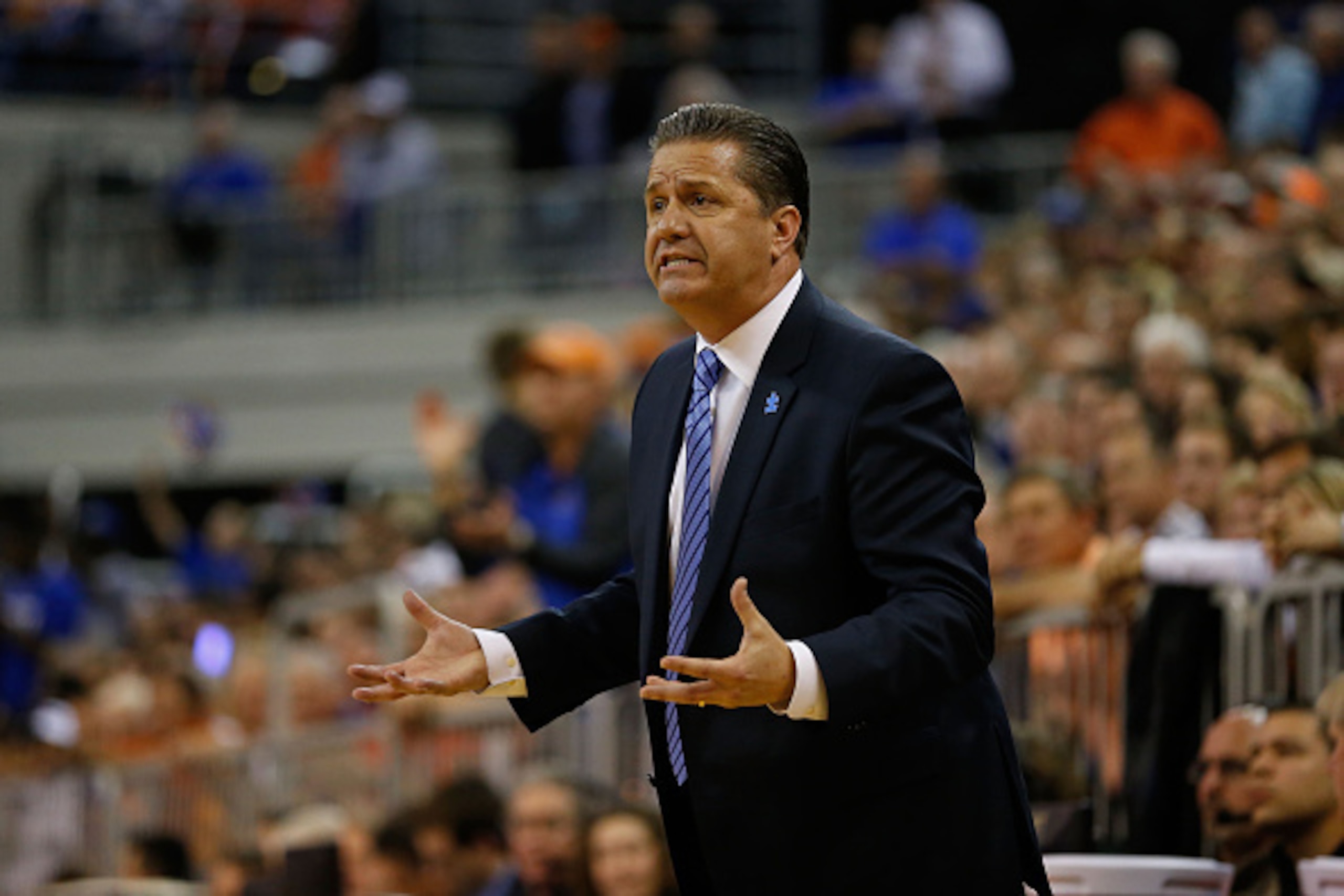 GAINESVILLE, FL - FEBRUARY 07: Head coach John Calipari of the Kentucky Wildcats reacts during the first half of the game against the Florida Gators at Stephen C. O'Connell Center on February 7, 2015 in Gainesville, Florida.  (Photo by Rob Foldy/Getty Ima