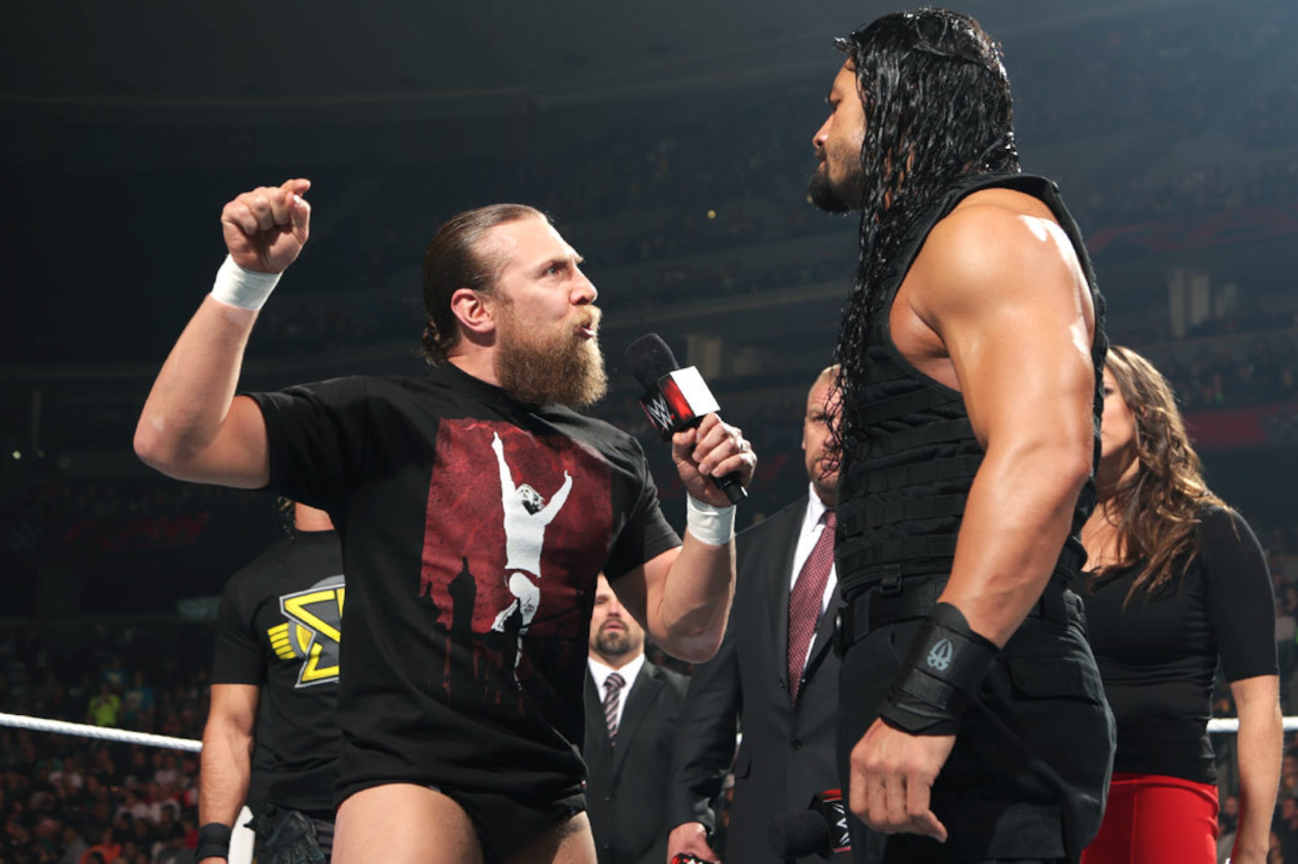 Daniel Bryan confronts Roman Reigns. Daniel Bryan confronts Roman Reigns.