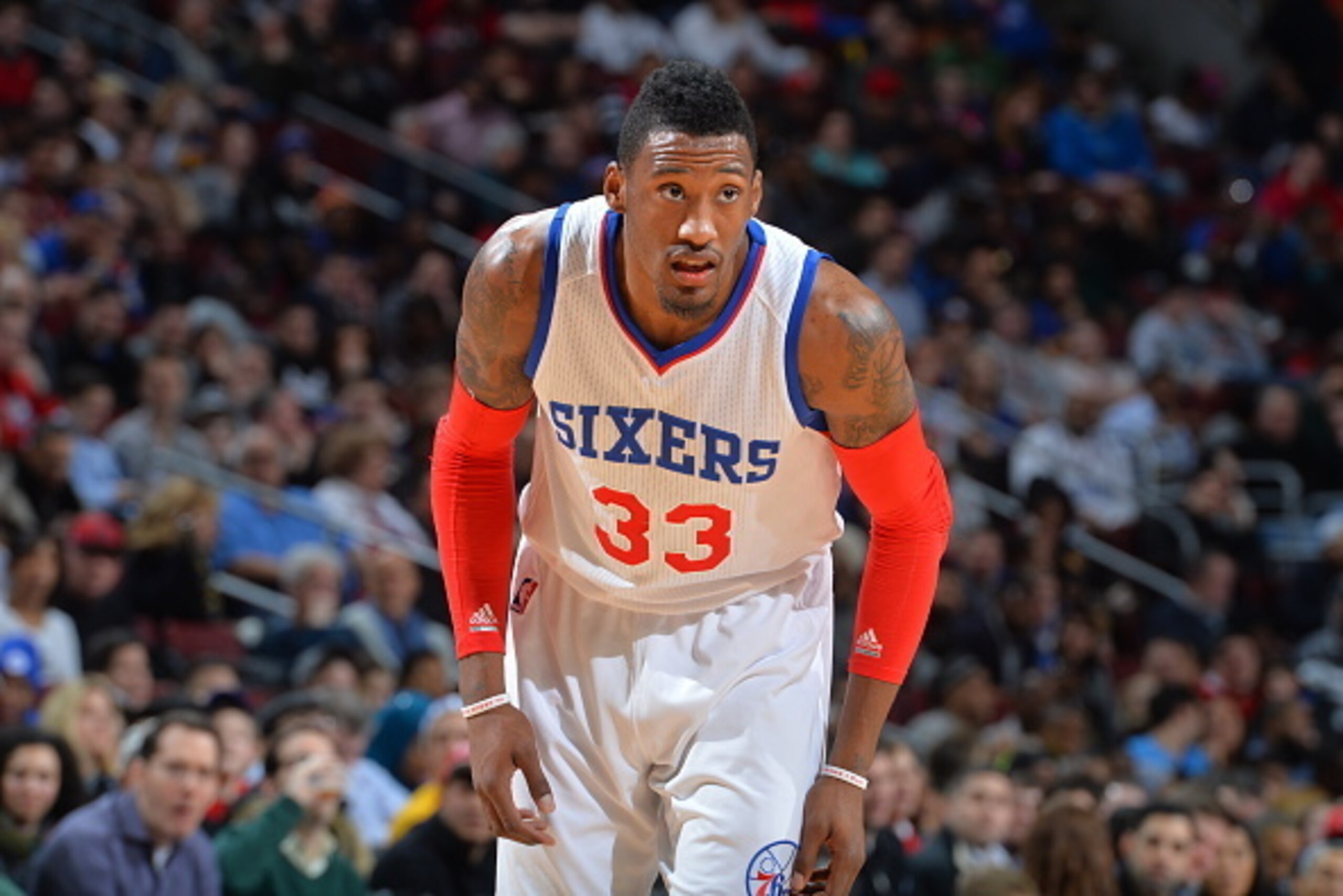 PHILADELPHIA, PA - FEBRUARY 9:  Robert Covington #33 of the Philadelphia 76ers looks on against the Golden State Warriors at Wells Fargo Center on February 9, 2015 in Philadelphia, Pennsylvania NOTE TO USER: User expressly acknowledges and agrees that, by