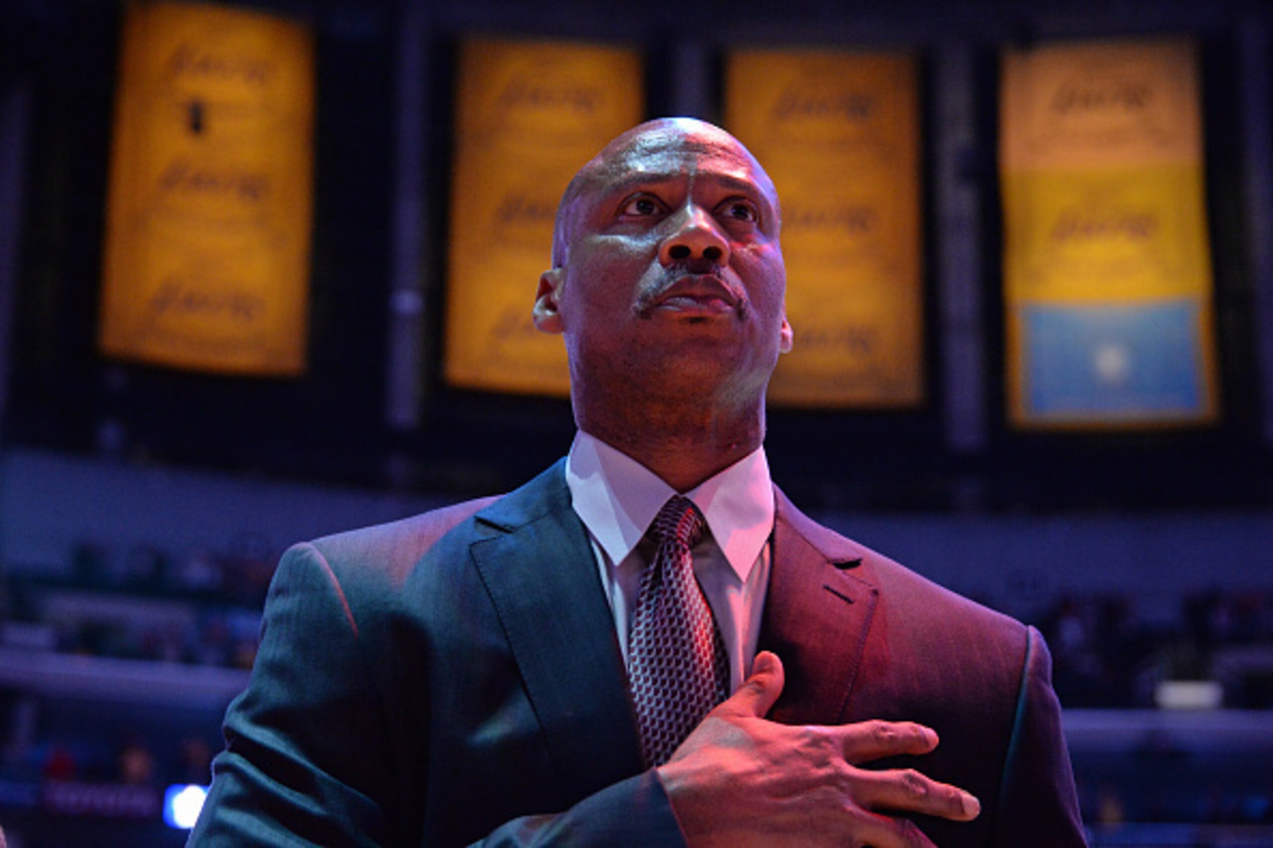 LOS ANGELES, CA - JANUARY 11:  Head coach Byron Scott of the Los Angeles Lakers during the national anthem before the game against the Portland Trail Blazers on January 11, 2015 at STAPLES Center in Los Angeles, California. NOTE TO USER: User expressly ac