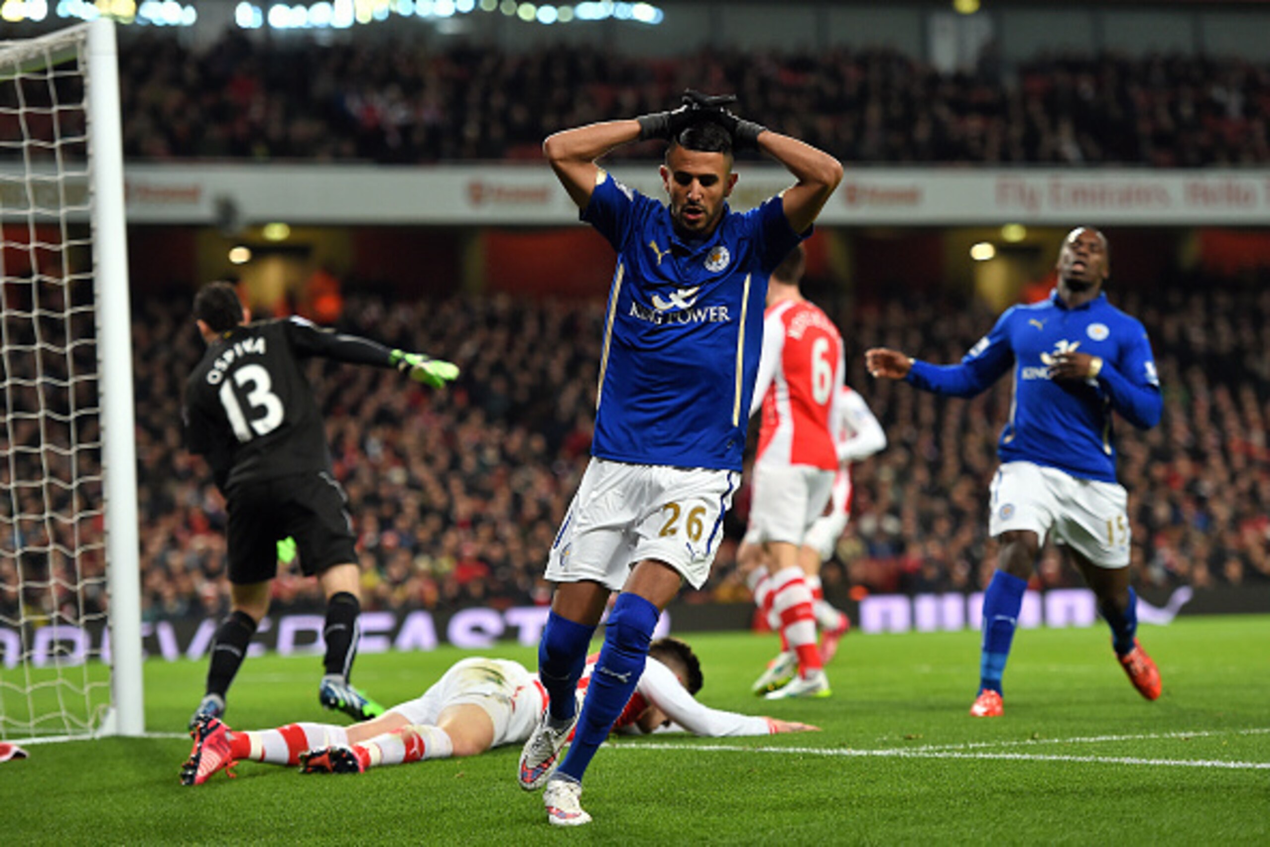LONDON, ENGLAND - FEBRUARY 10:  Riyad Mahrez of Leicester City reeacts to a missed opportunity during the Barclays Premier League match between Arsenal and Leicester City at Emirates Stadium on February 10, 2015 in London, England.  (Photo by Michael Rega