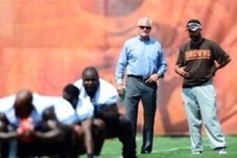 Jun 12, 2014; Berea, OH, USA; Cleveland Browns owner Jimmy Haslam III looks on during minicamp at Browns training facility. Mandatory Credit: Andrew Weber-USA TODAY Sports