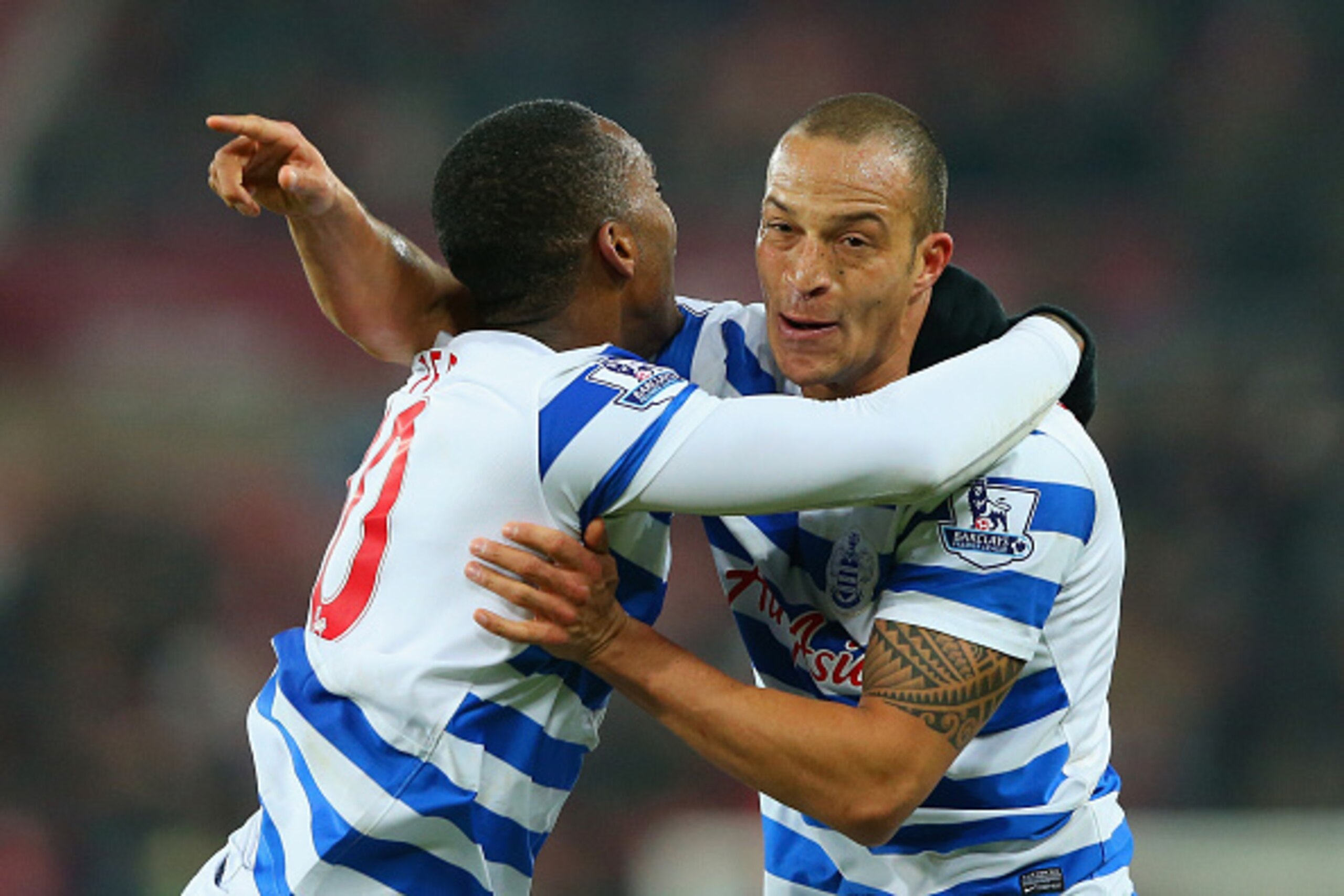 SUNDERLAND, ENGLAND - FEBRUARY 10:  Bobby Zamora of QPR (R) celebrates scoring their second goal with Leroy Fer of QPR during the Barclays Premier League match between Sunderland and Queens Park Rangers at Stadium of Light on February 10, 2015 in Sunderla