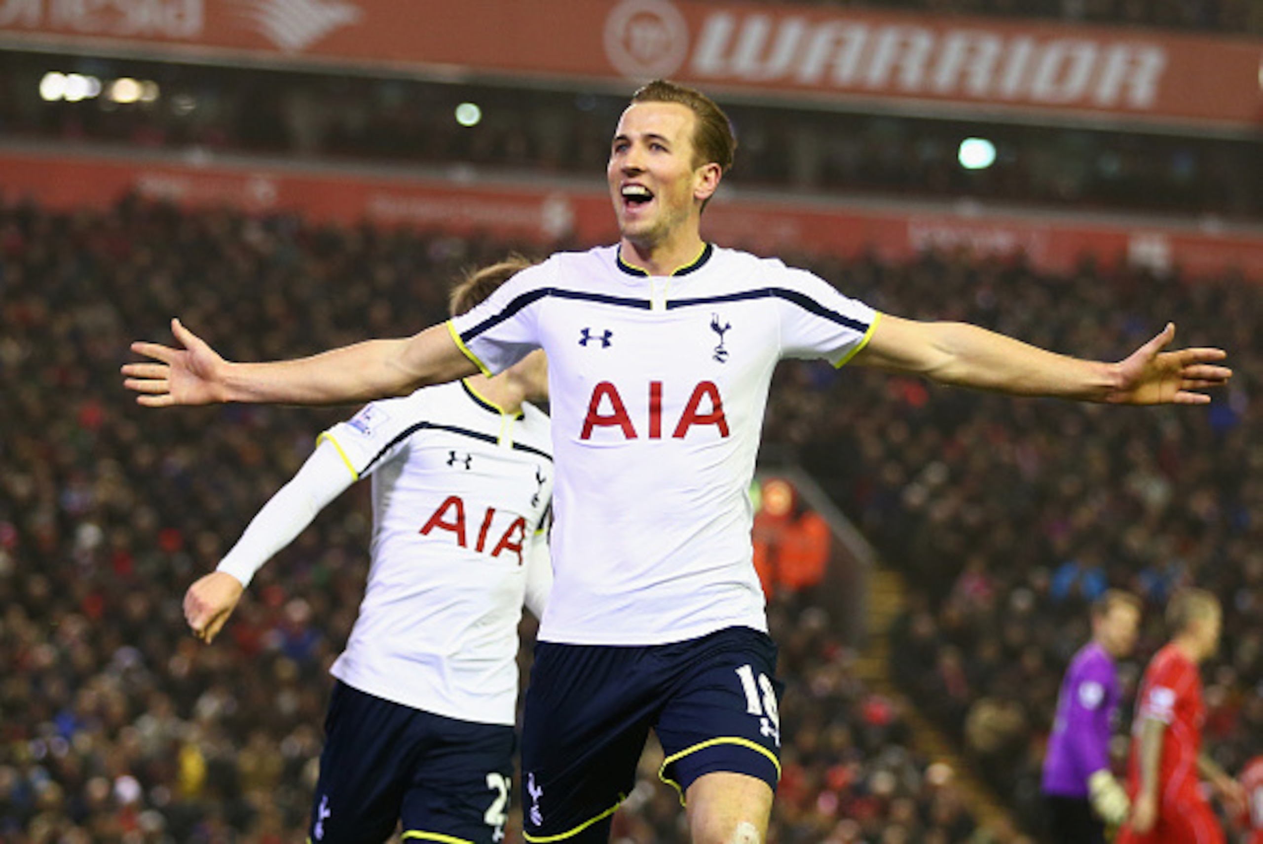 LIVERPOOL, ENGLAND - FEBRUARY 10:  Harry Kane of Tottenham Hotspur celebrates scoring his goal during the Barclays Premier League match between Liverpool and Tottenham Hotspur at Anfield on February 10, 2015 in Liverpool, England.  (Photo by Clive Brunski
