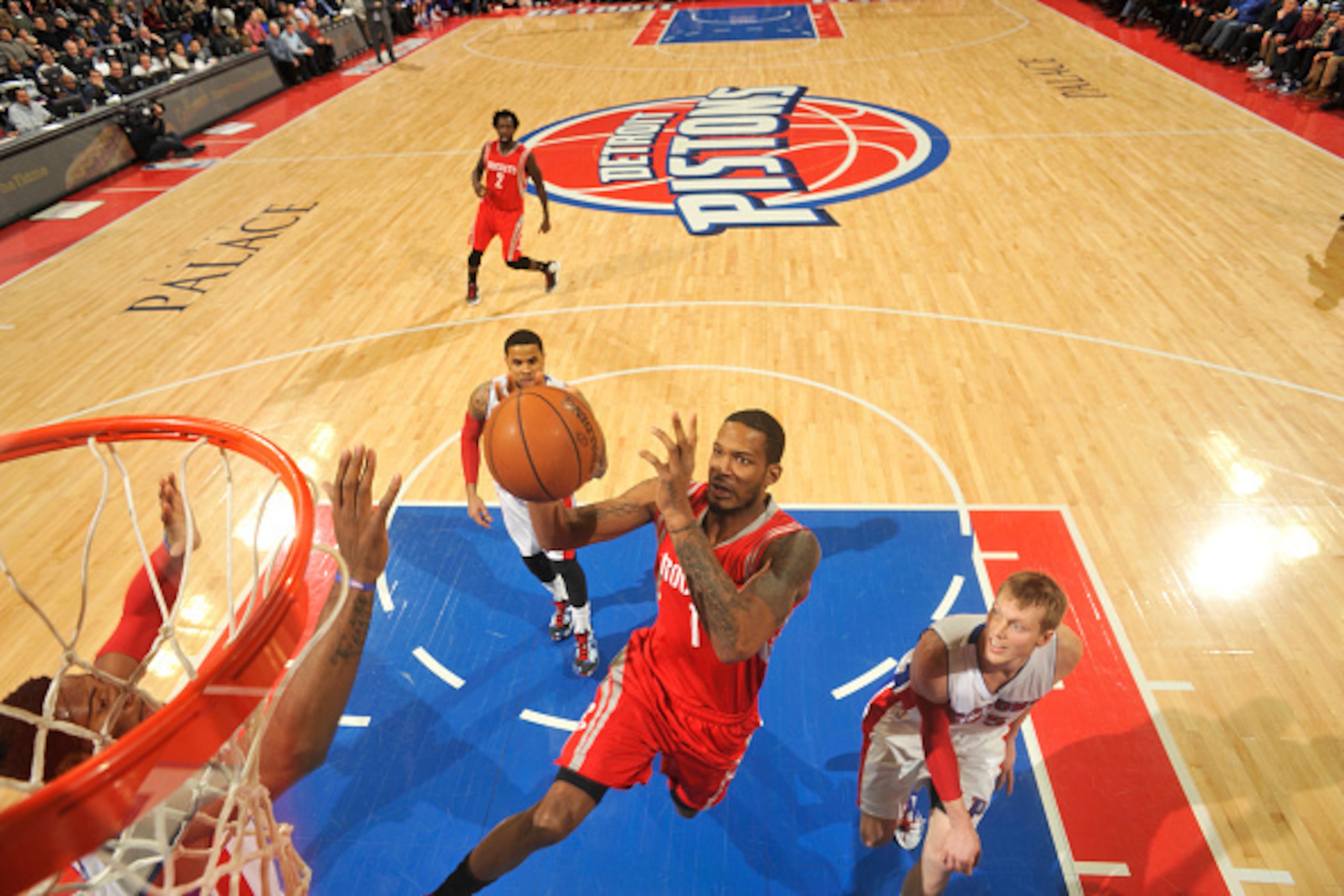 AUBURN HILLS, MI - JANUARY 31: Trevor Ariza #1 of the Houston Rockets goes up for a shot against the Detroit Pistons  on January 31, 2015 at The Palace of Auburn Hills in Auburn Hills, Michigan. NOTE TO USER: User expressly acknowledges and agrees that, b