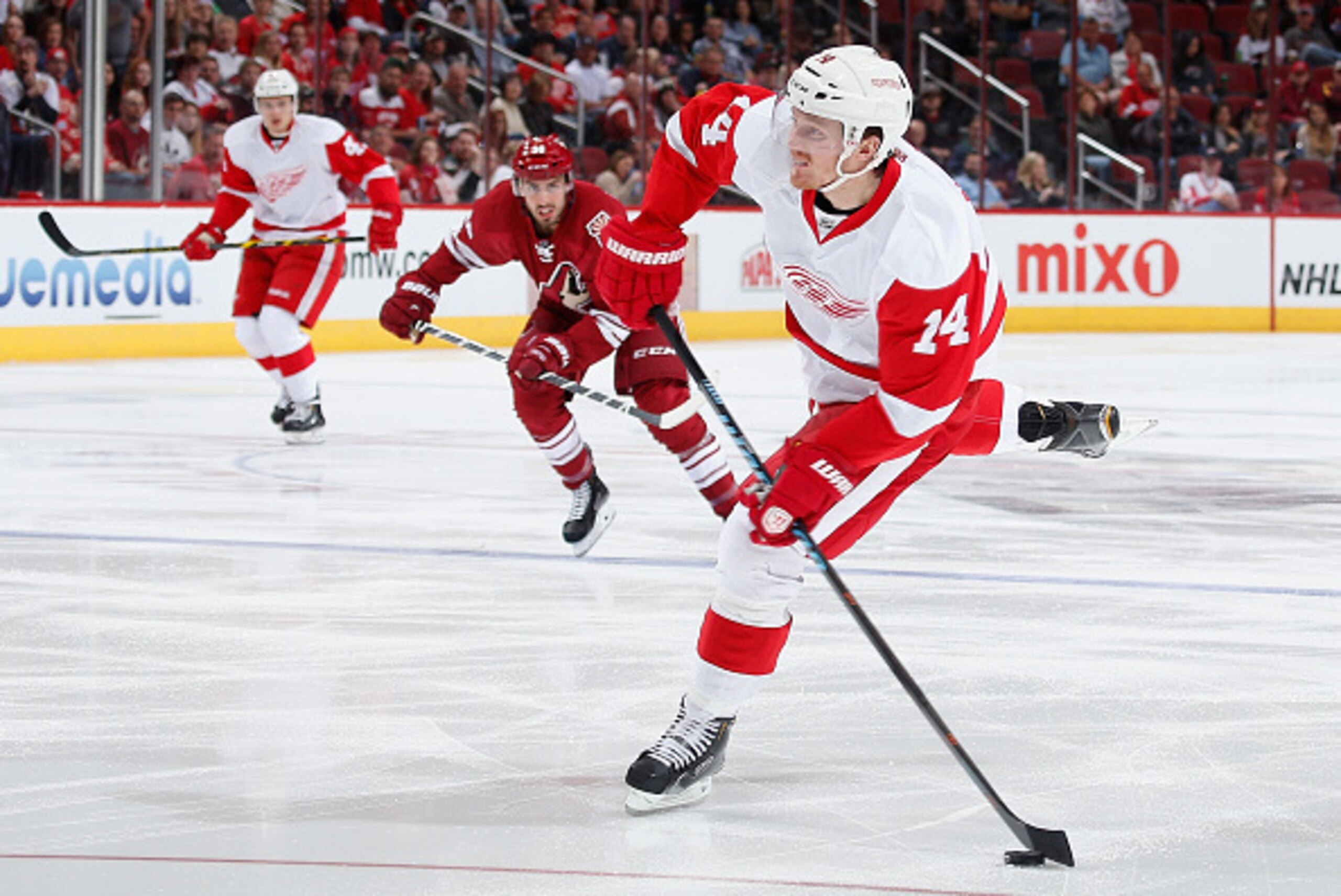 GLENDALE, AZ - FEBRUARY 07:  Gustav Nyquist #14 of the Detroit Red Wings shoots the puck against the Arizona Coyotes during the NHL game at Gila River Arena on February 7, 2015 in Glendale, Arizona. The Red Wings defeated the Coyotes 3-1.  (Photo by Chris