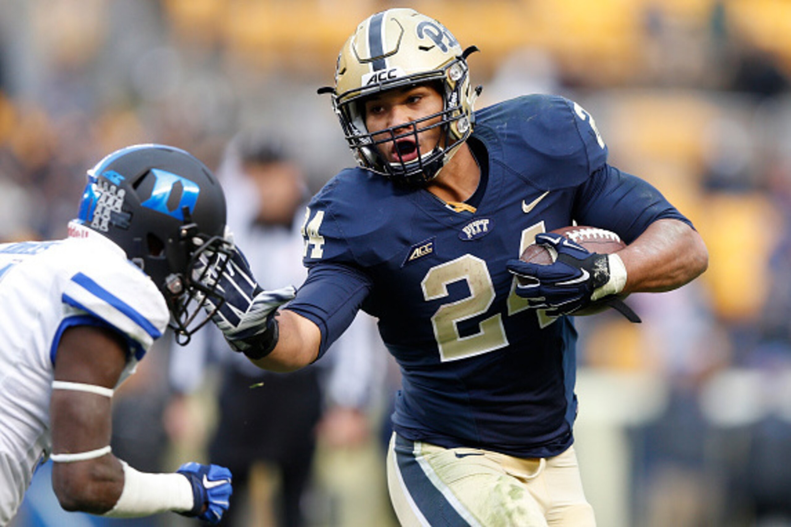 PITTSBURGH, PA - NOVEMBER 1: James Conner #24 of the Pittsburgh Panthers runs with the ball during the game against the Duke Blue Devils at Heinz Field on November 1, 2014 in Pittsburgh, Pennsylvania. Duke defeated Pittsburgh 51-48 in double overtime desp