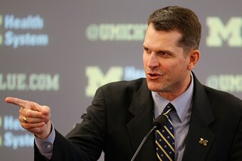 ANN ARBOR, MI - DECEMBER 30:  Jim Harbaugh speaks as he is introduced as the new Head Coach of the University of Michigan football team at the Junge Family Champions Center on December 30, 2014 in Ann Arbor, Michigan.  (Photo by Gregory Shamus/Getty Image