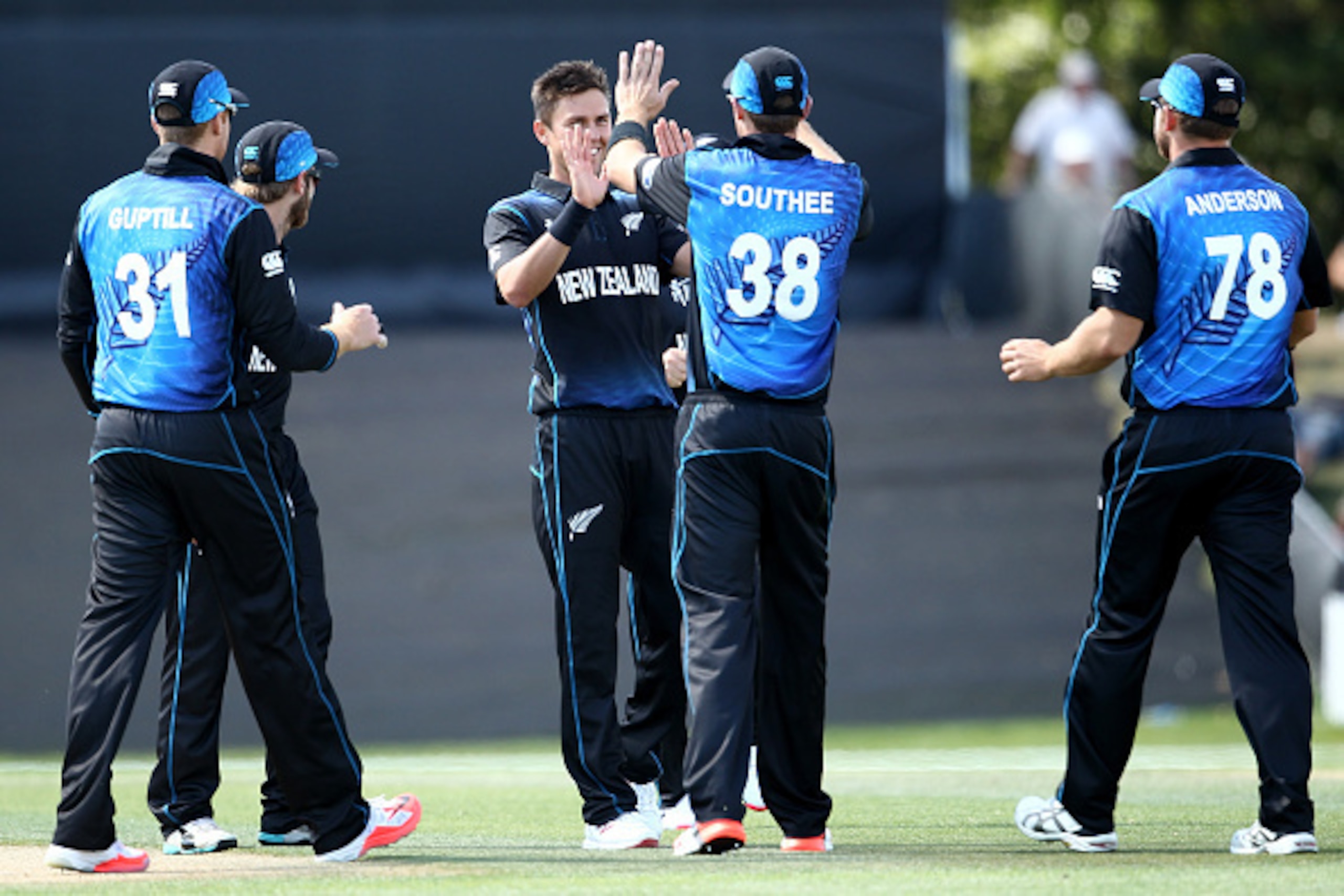 CHRISTCHURCH, NEW ZEALAND - FEBRUARY 11: Trent Boult of New Zealand celebrates with team mates after dismissing David Miller of South Africa during the ICC Cricket World Cup match between South Africa and New Zealand at Hagley Park on February 11, 2015 in CHRISTCHURCH, NEW ZEALAND - FEBRUARY 11: Trent Boult of New Zealand celebrates with team mates after dismissing David Miller of South Africa during the ICC Cricket World Cup match between South Africa and New Zealand at Hagley Park on February 11, 2015 in