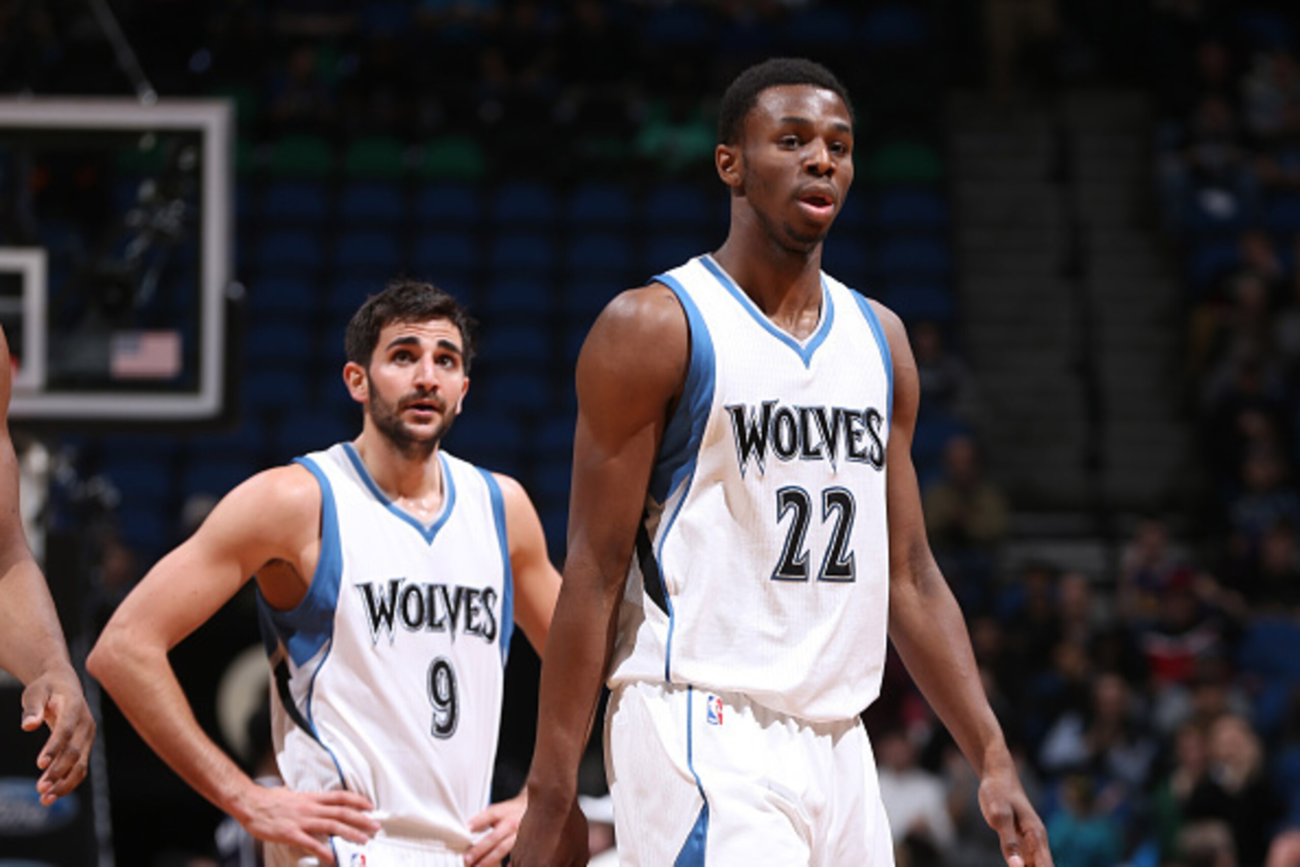 MINNEAPOLIS, MN -  FEBRUARY 9: Andrew Wiggins #22 and Ricky Rubio #9 of the Minnesota Timberwolves during the game against Atlanta Hawks on February 9, 2015 at Target Center in Minneapolis, Minnesota. NOTE TO USER: User expressly acknowledges and agrees t