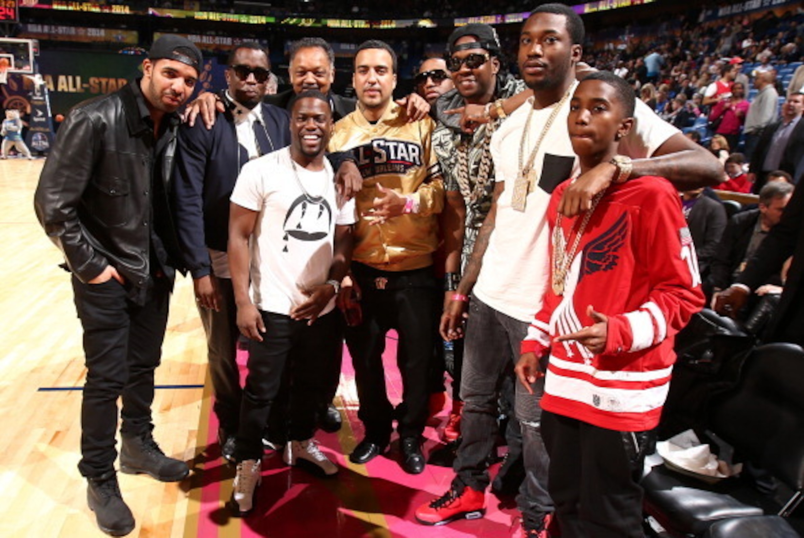 NEW ORLEANS, LA - FEBRUARY 16: Drake, 2-Chainz, Kevin Hart, Sean P. Diddy Combs during the 2014 NBA All-Star Game as part of the 2014 All-Star Weekend at Smoothie King Center on February 16, 2014 in New Orleans, Louisiana. NOTE TO USER: User expressly ack