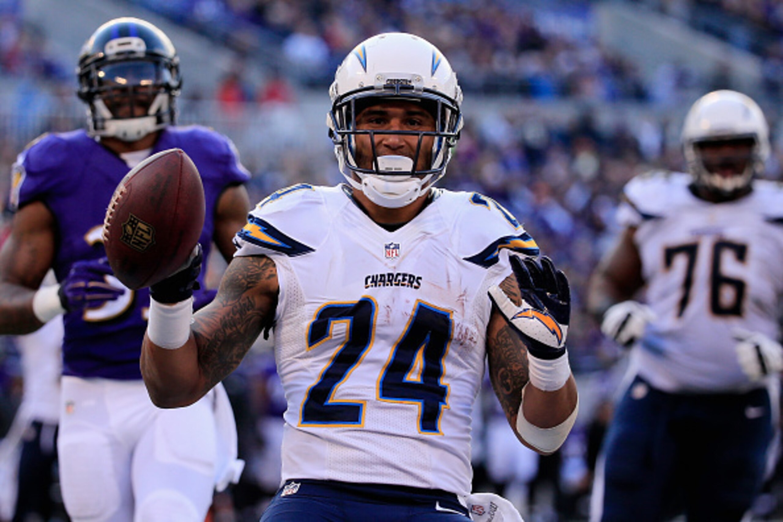 BALTIMORE, MD - NOVEMBER 30:  Running back Ryan Mathews #24 of the San Diego Chargers celebrates after scoring a fourth quarter touchdown against the Baltimore Ravens at M&T Bank Stadium on November 30, 2014 in Baltimore, Maryland.  (Photo by Rob Carr/Get