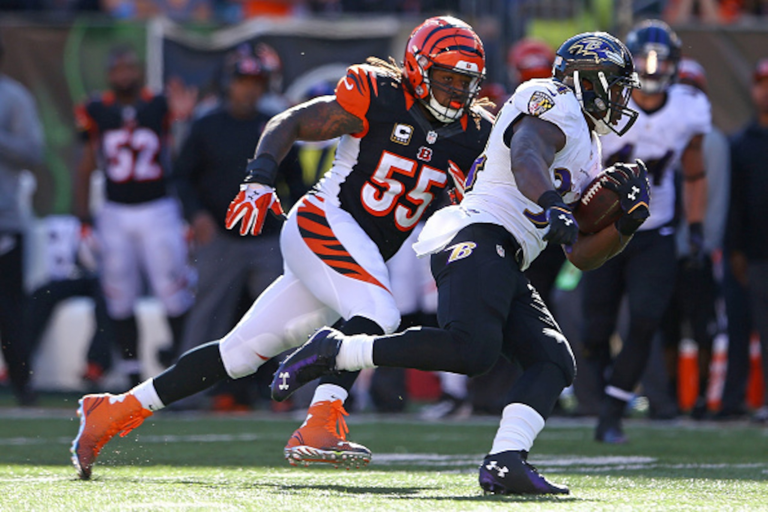 CINCINNATI, OH - OCTOBER 26 :  Vontaze Burfict #55 of the Cincinnati Bengals pursues Lorenzo Taliaferro #34 of the Baltimore Ravens during the third quarter at Paul Brown Stadium on October 26, 2014 in Cincinnati, Ohio. (Photo by Andy Lyons/Getty Images)