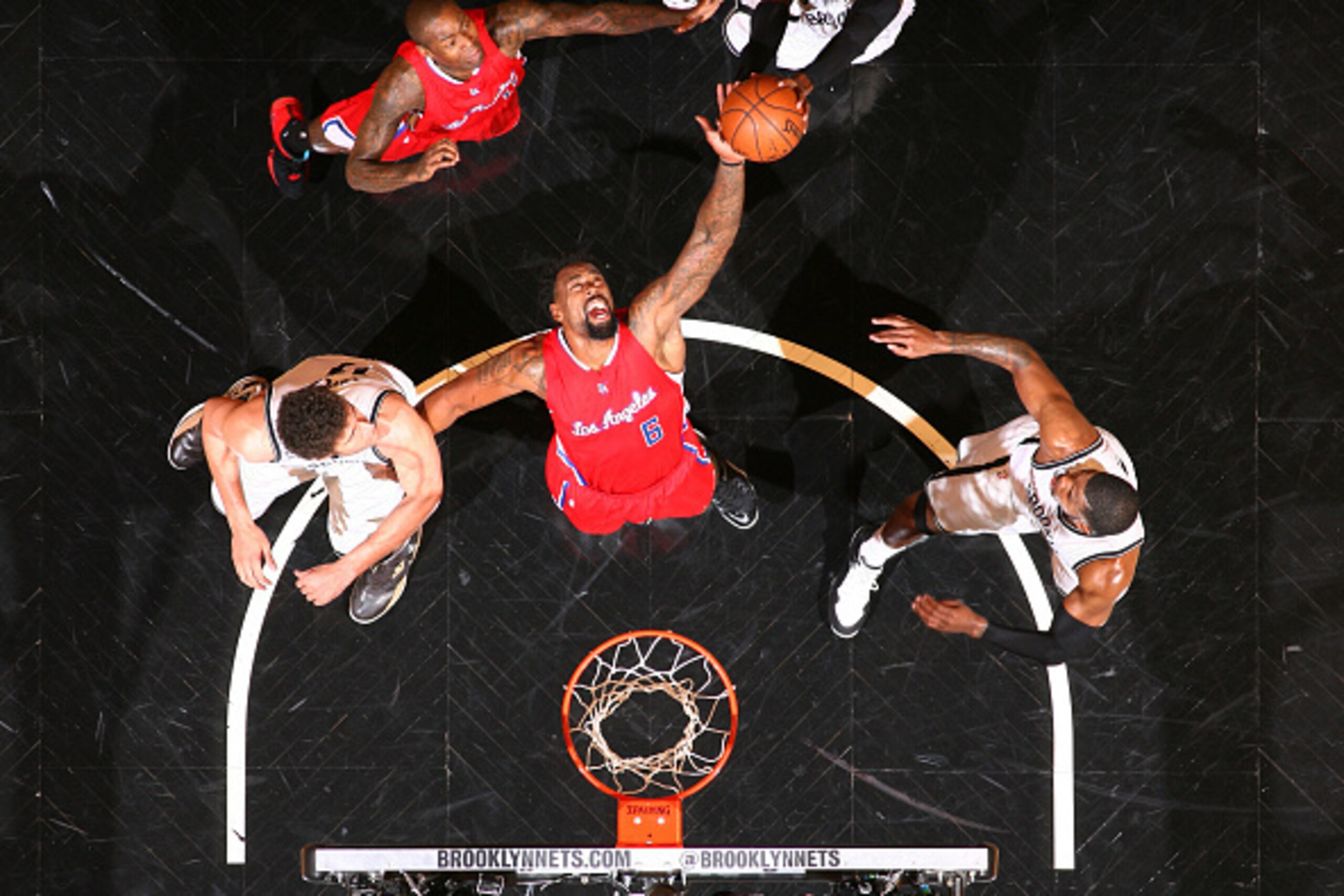 NEW YORK, NY - FEBRUARY 2: DeAndre Jordan #6 of the Los Angeles Clippers grabs a rebound against the Brooklyn Nets at the Barclays Center on February 2, 2015 in in the Brooklyn borough of New York City, New York. NOTE TO USER: User expressly acknowledges 
