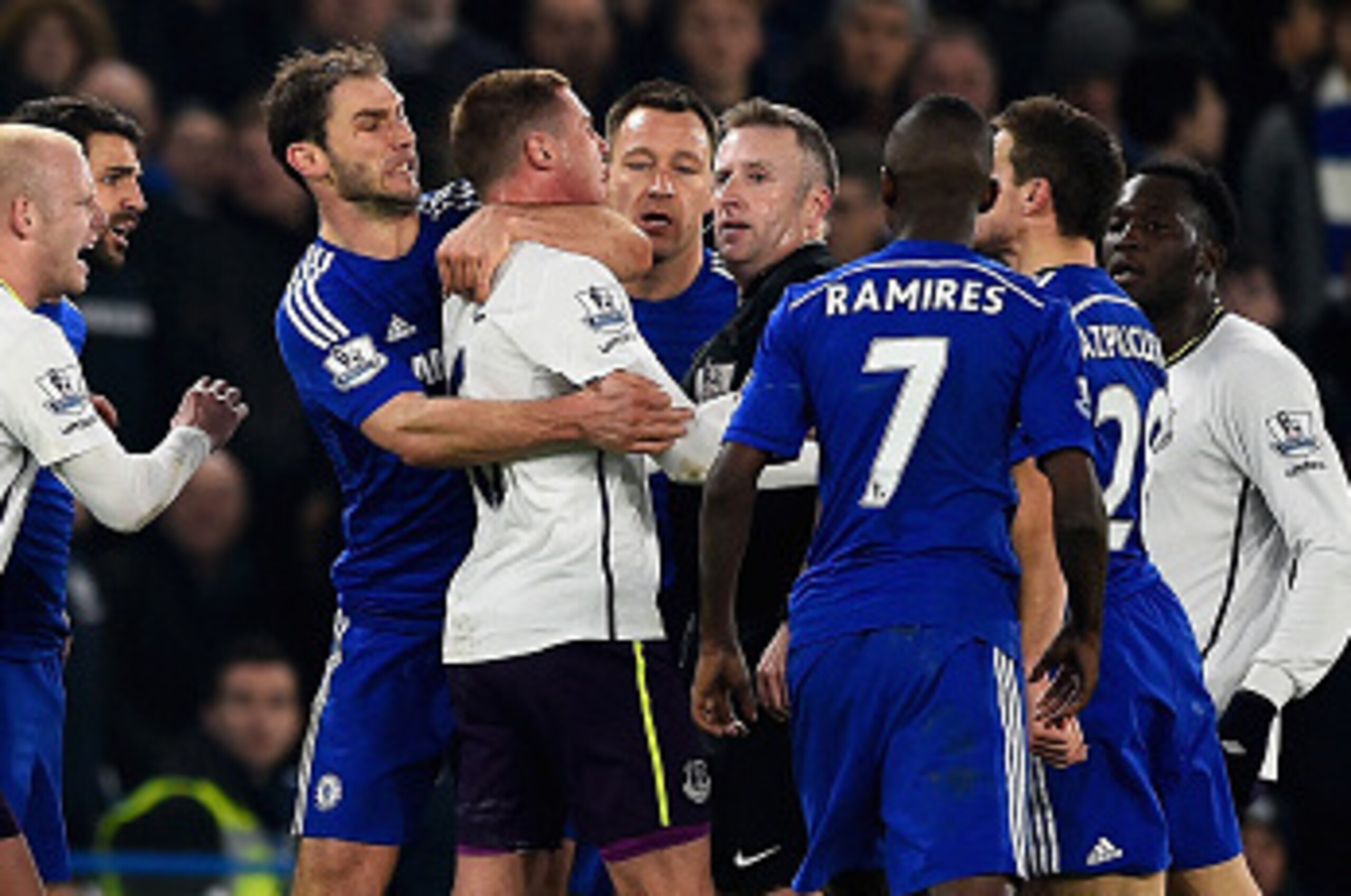 LONDON, ENGLAND - FEBRUARY 11:  Tempers flare between James McCarthy of Everton and Branislav Ivanovic of Chelsea during the Barclays Premier League match between Chelsea and Everton at Stamford Bridge on February 11, 2015 in London, England.  (Photo by M
