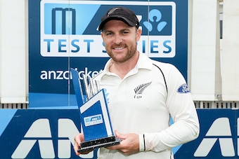 WELLINGTON, NEW ZEALAND - JANUARY 07:  Captain Brendon McCullum poses with the ANZ Test Series trophy during day five of the Second Test match between New Zealand and Sri Lanka at Basin Reserve on January 7, 2015 in Wellington, New Zealand.  (Photo by Hag