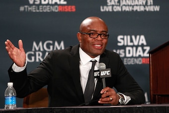 LAS VEGAS, NV - JANUARY 31:  Anderson Silva speaks at a postfight news conference after a middleweight fight against Nick Diaz during UFC 183 at the MGM Grand Garden Arena on January 31, 2015 in Las Vegas, Nevada. Silva won by unanimous decision.  (Photo 