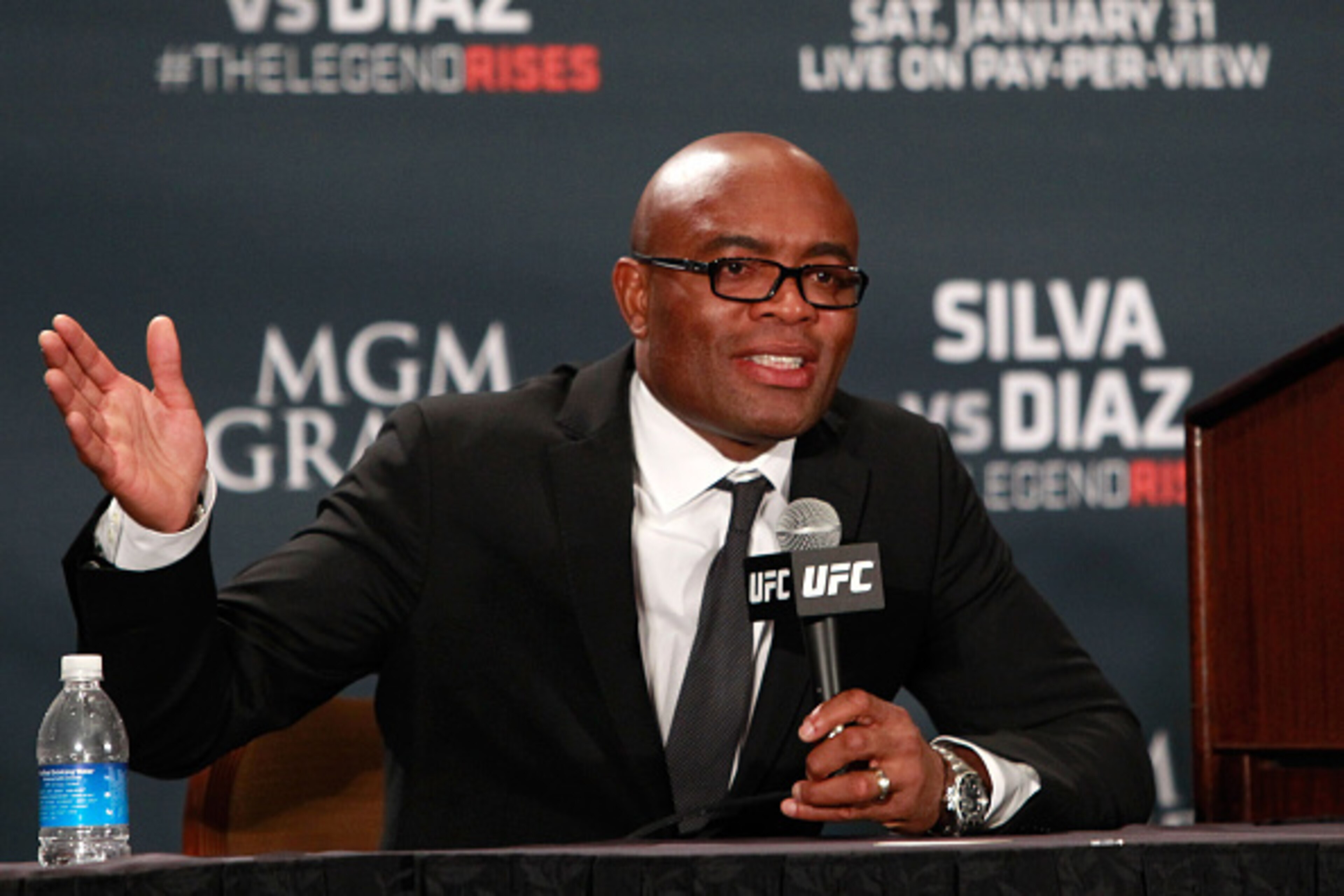 LAS VEGAS, NV - JANUARY 31:  Anderson Silva speaks at a postfight news conference after a middleweight fight against Nick Diaz during UFC 183 at the MGM Grand Garden Arena on January 31, 2015 in Las Vegas, Nevada. Silva won by unanimous decision.  (Photo 