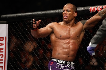LAS VEGAS, NV - JANUARY 03:  Hector Lombard is shown following a three-round welterweight fight against Josh Burkman (R) during the UFC 182 event in the MGM Grand Garden Arena on January 3, 2015 in Las Vegas, Nevada. Lombard won by unanimous decision.  (P