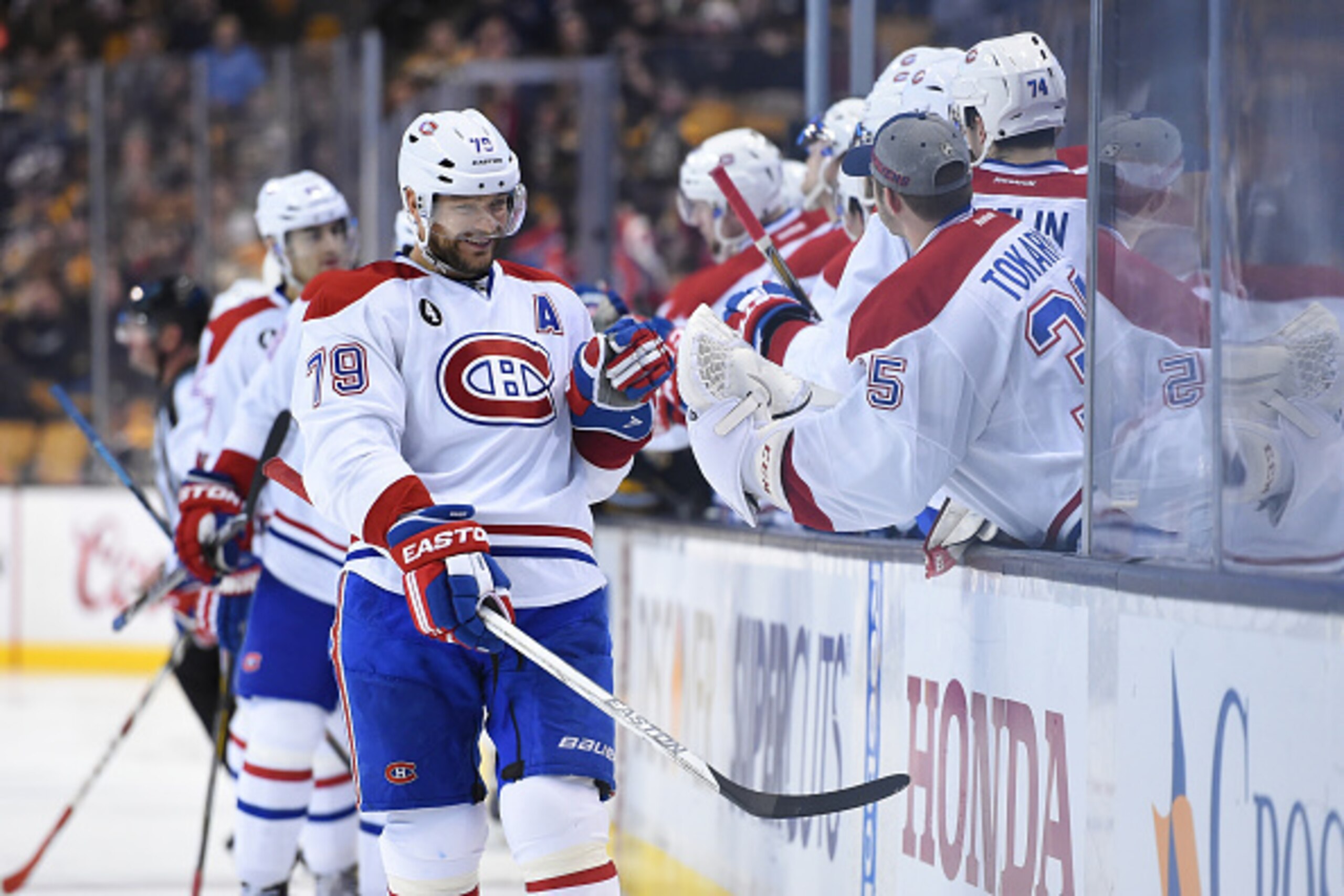 BOSTON, MA - FEBRUARY 08: Andrei Markov #79 of the Montreal Canadiens celebrates a goal against the Boston Bruins at the TD Garden on February 8, 2015 in Boston, Massachusetts.  (Photo by Brian Babineau/NHLI via Getty Images)