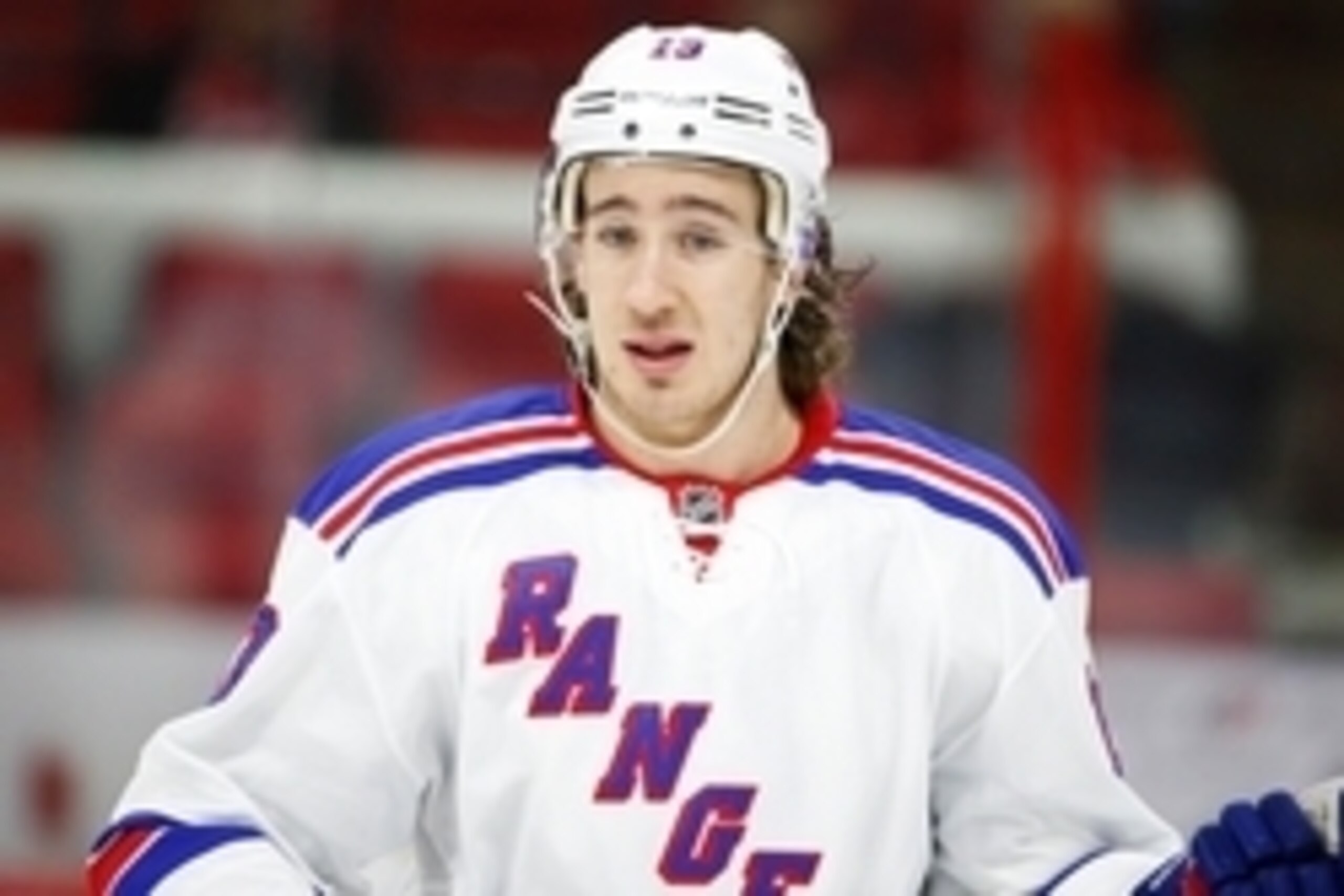 Dec 20, 2014; Raleigh, NC, USA; New York Rangers forward Kevin Hayes (13) skates before the game against the Carolina Hurricanes at PNC Arena. The New York Rangers defeated the Carolina Hurricanes 3-2 in the shoot out. Mandatory Credit: James Guillory-USA