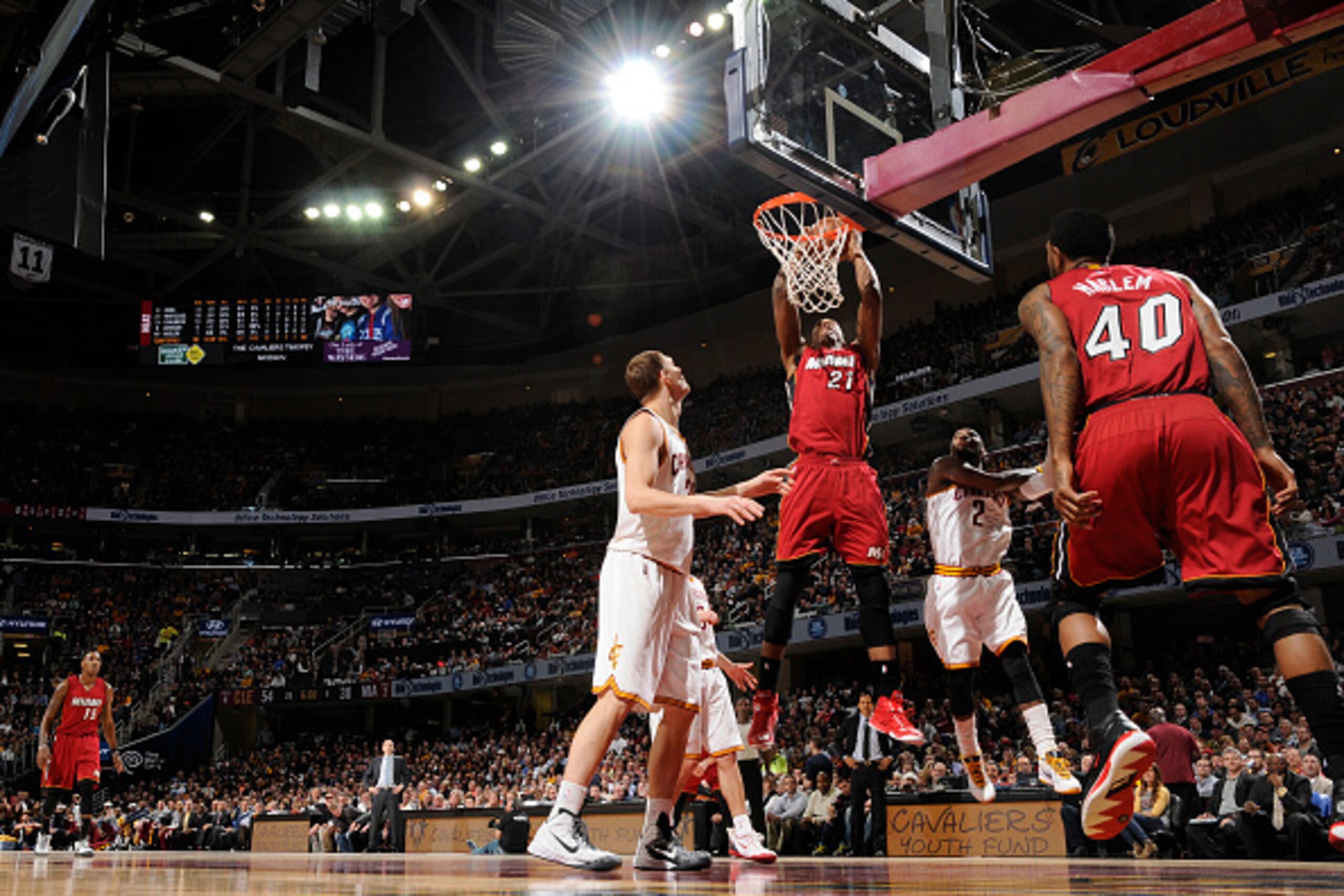 CLEVELAND, OH - FEBRUARY 11:  Hassan Whiteside #21 of the Miami Heat goes up for a dunk against the Cleveland Cavaliers during the game on February 11, 2015 at Quicken Loans Arena in Cleveland, Ohio. NOTE TO USER: User expressly acknowledges and agrees th