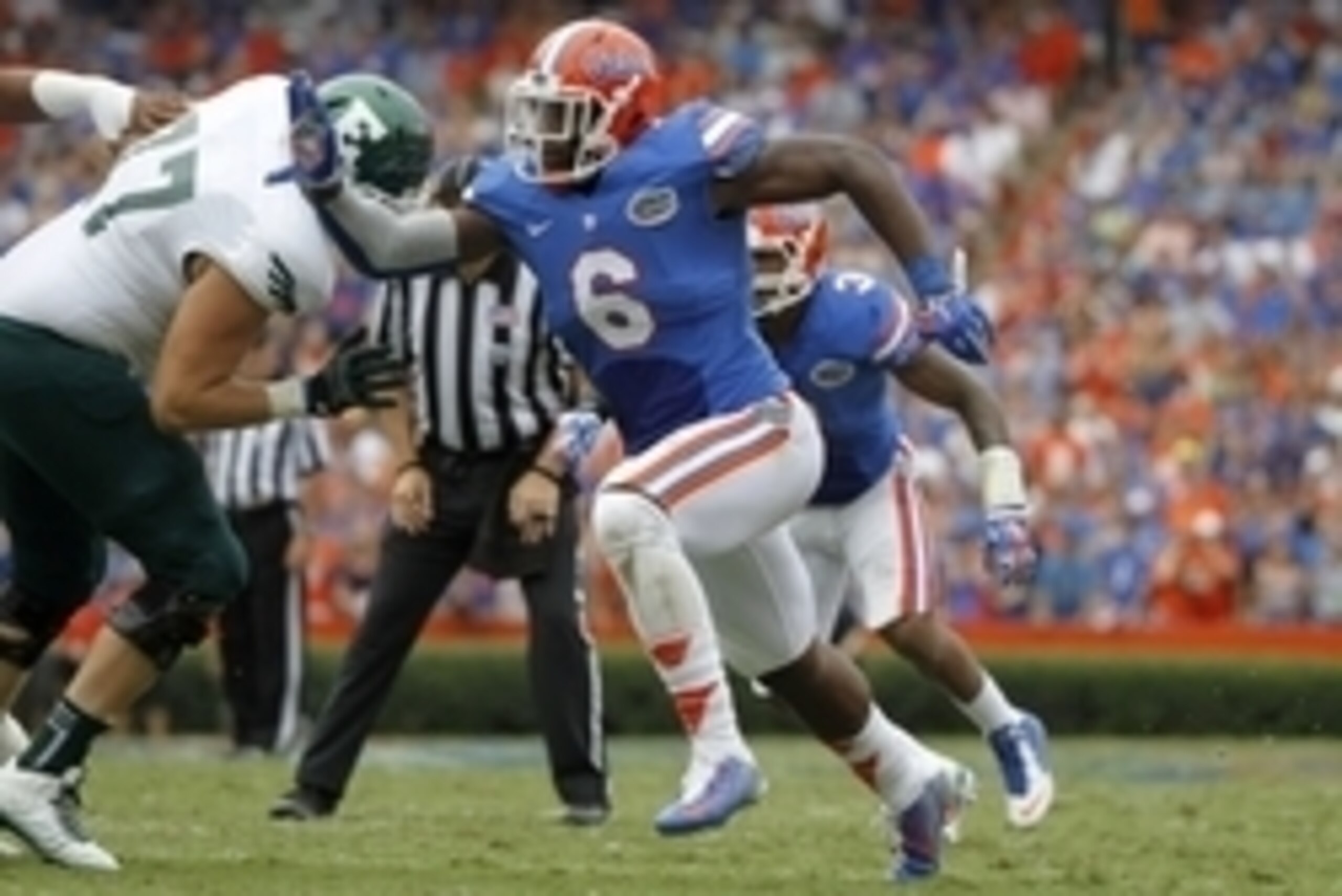 Sep 6, 2014; Gainesville, FL, USA; Florida Gators defensive lineman Dante Fowler Jr. (6) rushes during the second half against the Eastern Michigan Eagles at Ben Hill Griffin Stadium. Florida Gators defeated the Eastern Michigan Eagles 65-0. Mandatory Cre