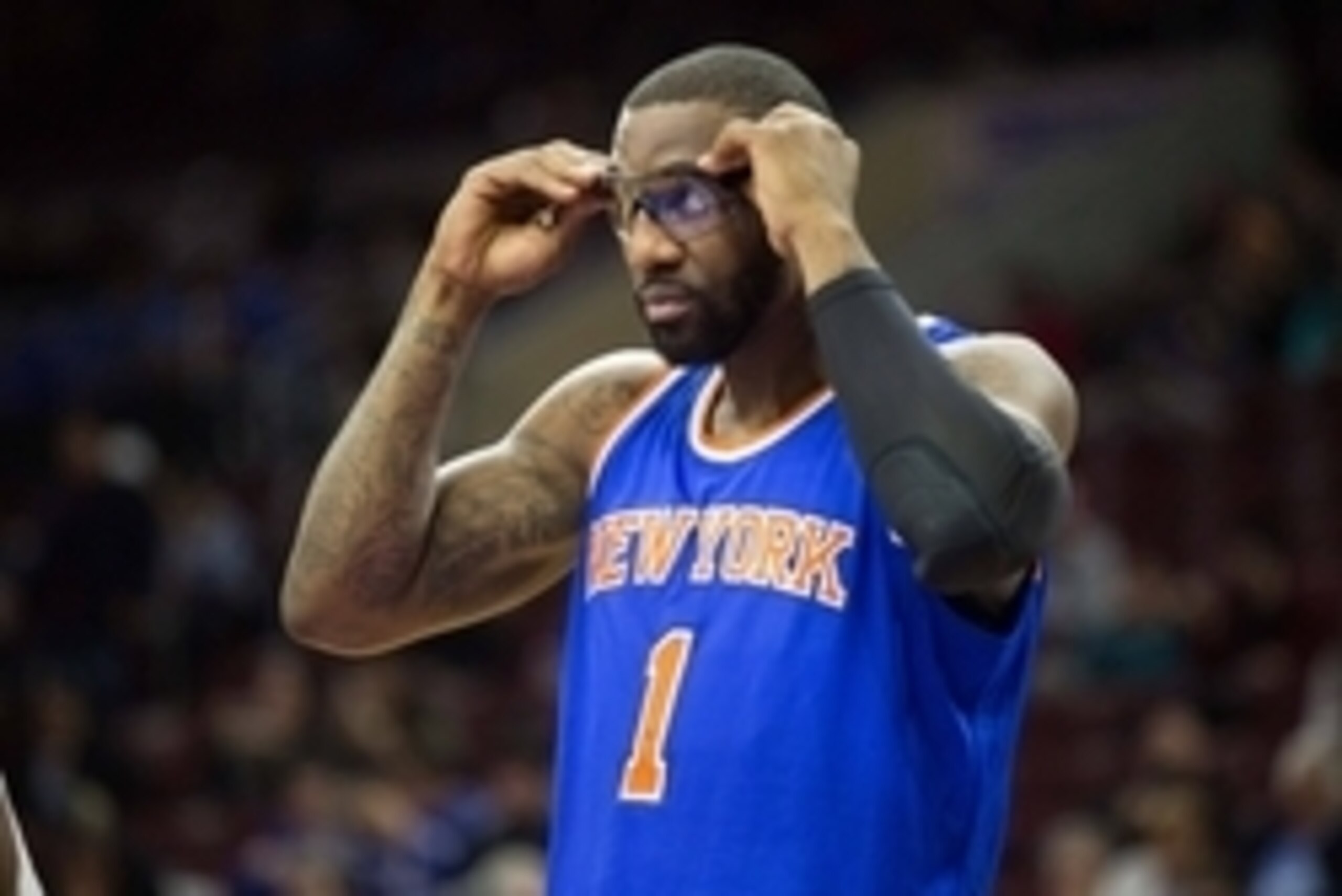 Jan 21, 2015; Philadelphia, PA, USA; New York Knicks center Amar'e Stoudemire (1) in a game against the Philadelphia 76ers at Wells Fargo Center. The Knicks defeated the 76ers 98-91. Mandatory Credit: Bill Streicher-USA TODAY Sports