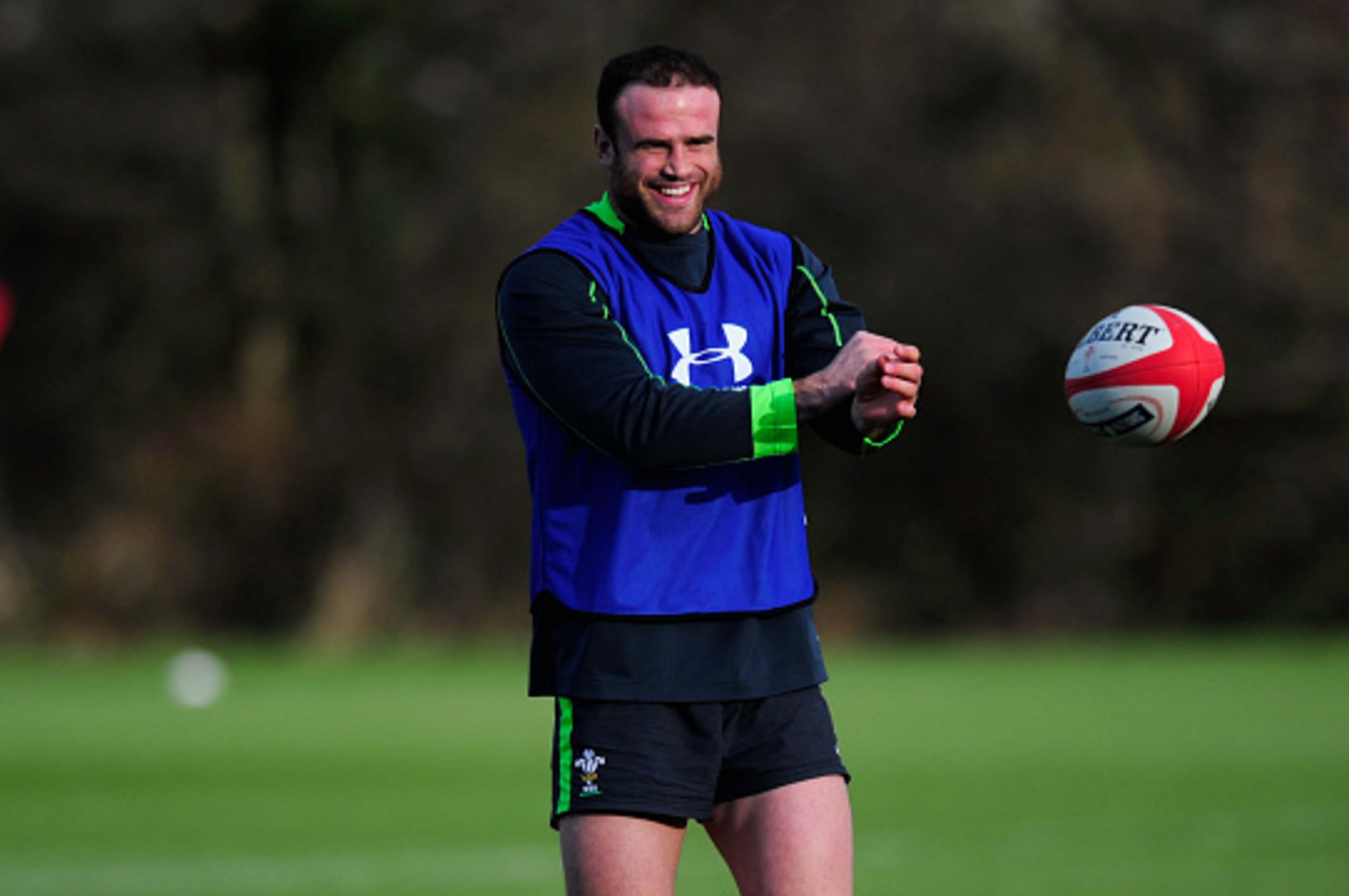 CARDIFF, WALES - FEBRUARY 04:  Wales player Jamie Roberts raises a smile during the Wales open training session ahead of friday's 6 Nations match against England at the Vale Hotel on February 4, 2015 in Cardiff, Wales.  (Photo by Stu Forster/Getty Images)