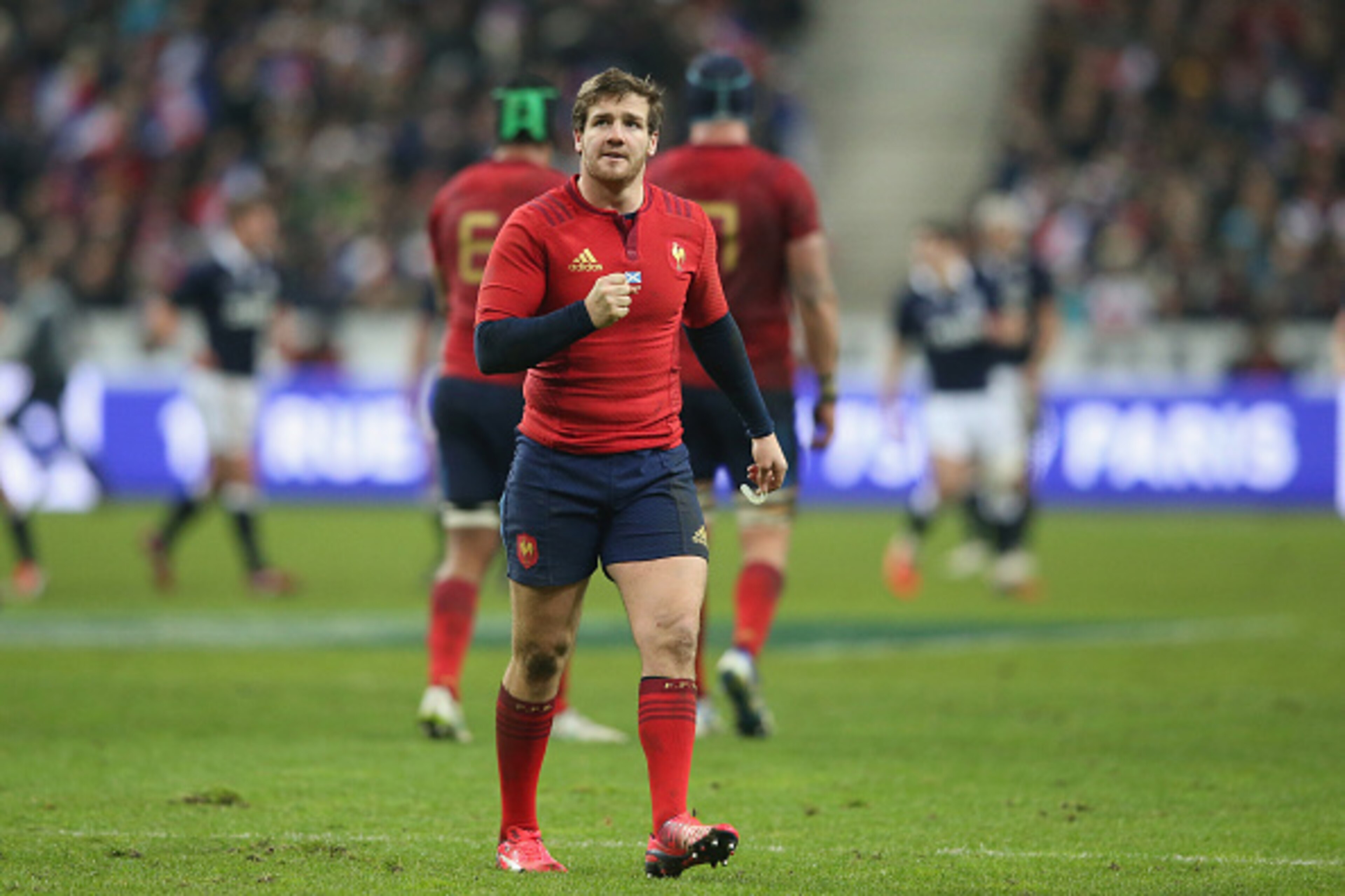 PARIS, FRANCE - FEBRUARY 07:  Camille Lopez, the France standoff, who kicks five penalties in the match celebrates after scoring his final penalty during the RBS Six Nations match between France and Scotland at Stade de France on February 7, 2015 in Paris