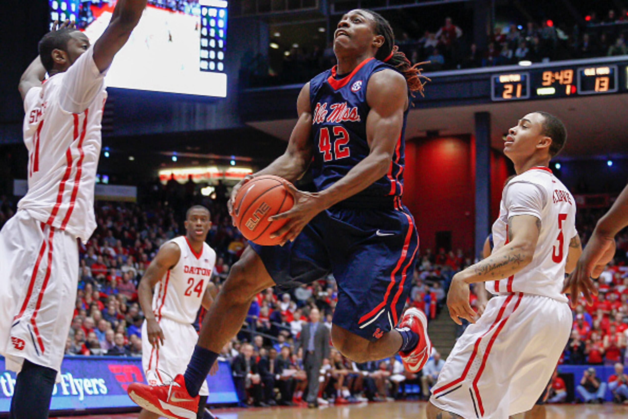 DAYTON, OH - DECEMBER 30: Stefan Moody #42 of the Mississippi Rebels drives to the basket against the Dayton Flyers at UD Arena on December 30, 2014 in Dayton, Ohio. (Photo by Michael Hickey/Getty Images)