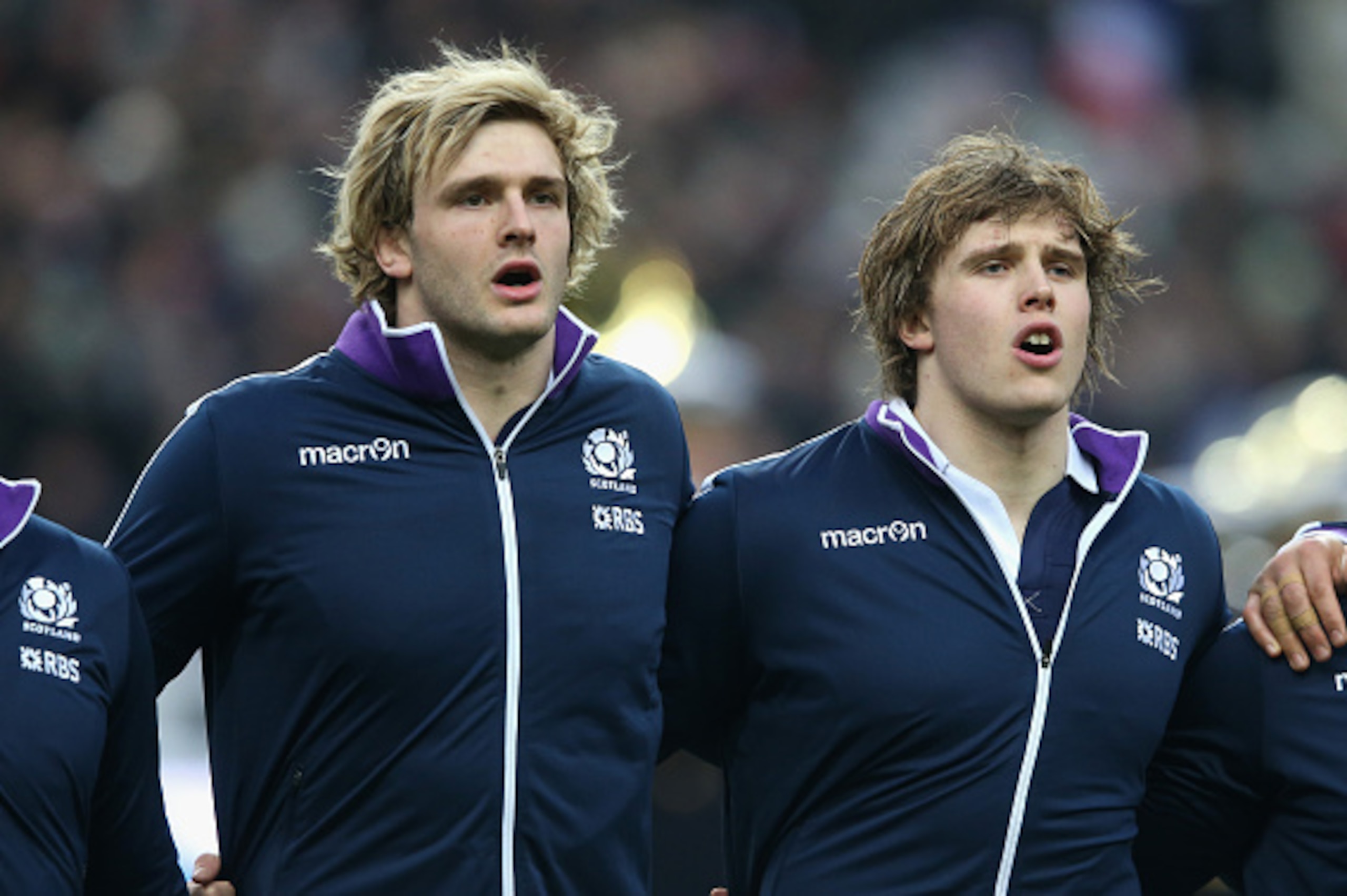 PARIS, FRANCE - FEBRUARY 07:  Richie Gray (L) and his brother Jonny Gray of Scotland line up for the anthems during the RBS Six Nations match between France and Scotland at Stade de France on February 7, 2015 in Paris, France.  (Photo by David Rogers/Gett