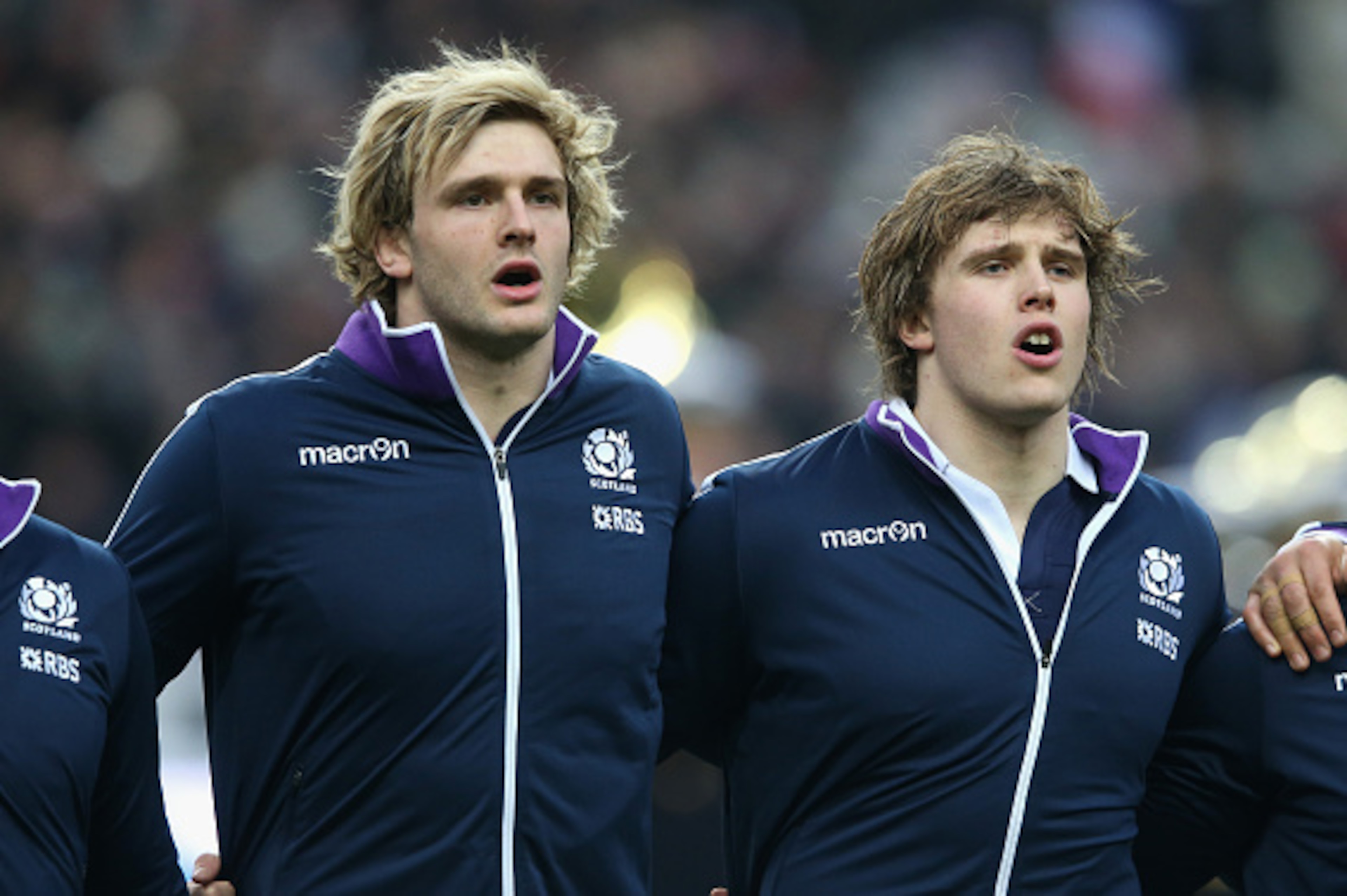 PARIS, FRANCE - FEBRUARY 07:  Richie Gray (L) and his brother Jonny Gray of Scotland line up for the anthems during the RBS Six Nations match between France and Scotland at Stade de France on February 7, 2015 in Paris, France.  (Photo by David Rogers/Gett