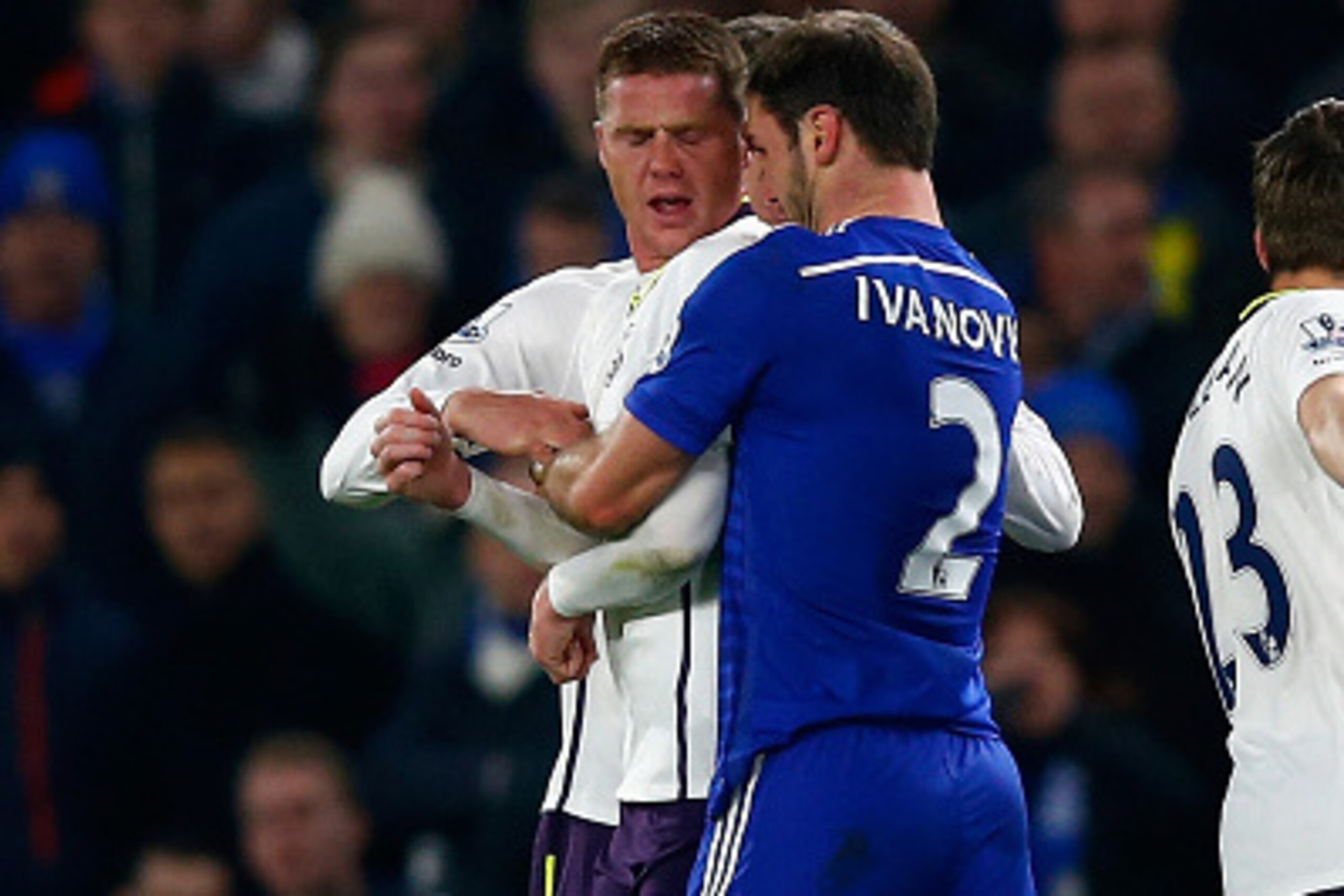 LONDON, ENGLAND - FEBRUARY 11:  Tempers flare between James McCarthy of Everton and Branislav Ivanovic of Chelsea during the Barclays Premier League match between Chelsea and Everton at Stamford Bridge on February 11, 2015 in London, England  (Photo by Cl