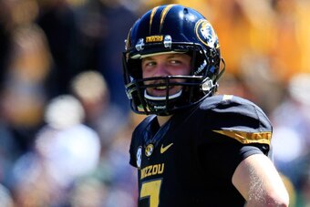 COLUMBIA, MO - SEPTEMBER 13:  Quarterback Maty Mauk #7 of the Missouri Tigers waits during a timeout in the game against the UCF Knights on September 13, 2014 at Faurot Field in Columbia, Missouri.  (Photo by Jamie Squire/Getty Images)