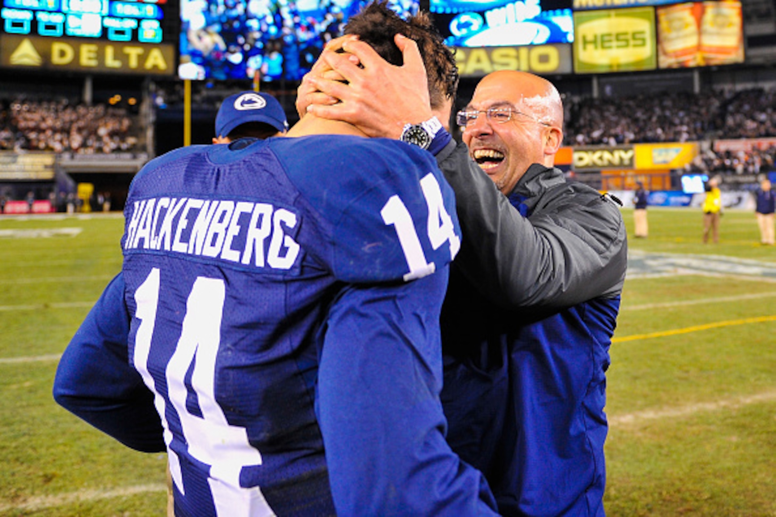 NEW YORK, NY - DECEMBER 27: Head coach James Franklin of the Penn State Nittany Lions celebrates with quaterback Christian Hackenberg #14 after defeating the Boston College Eagles in the 2014 New Era Pinstripe Bowl at Yankee Stadium on December 27, 2014 i NEW YORK, NY - DECEMBER 27: Head coach James Franklin of the Penn State Nittany Lions celebrates with quaterback Christian Hackenberg #14 after defeating the Boston College Eagles in the 2014 New Era Pinstripe Bowl at Yankee Stadium on December 27, 2014 i