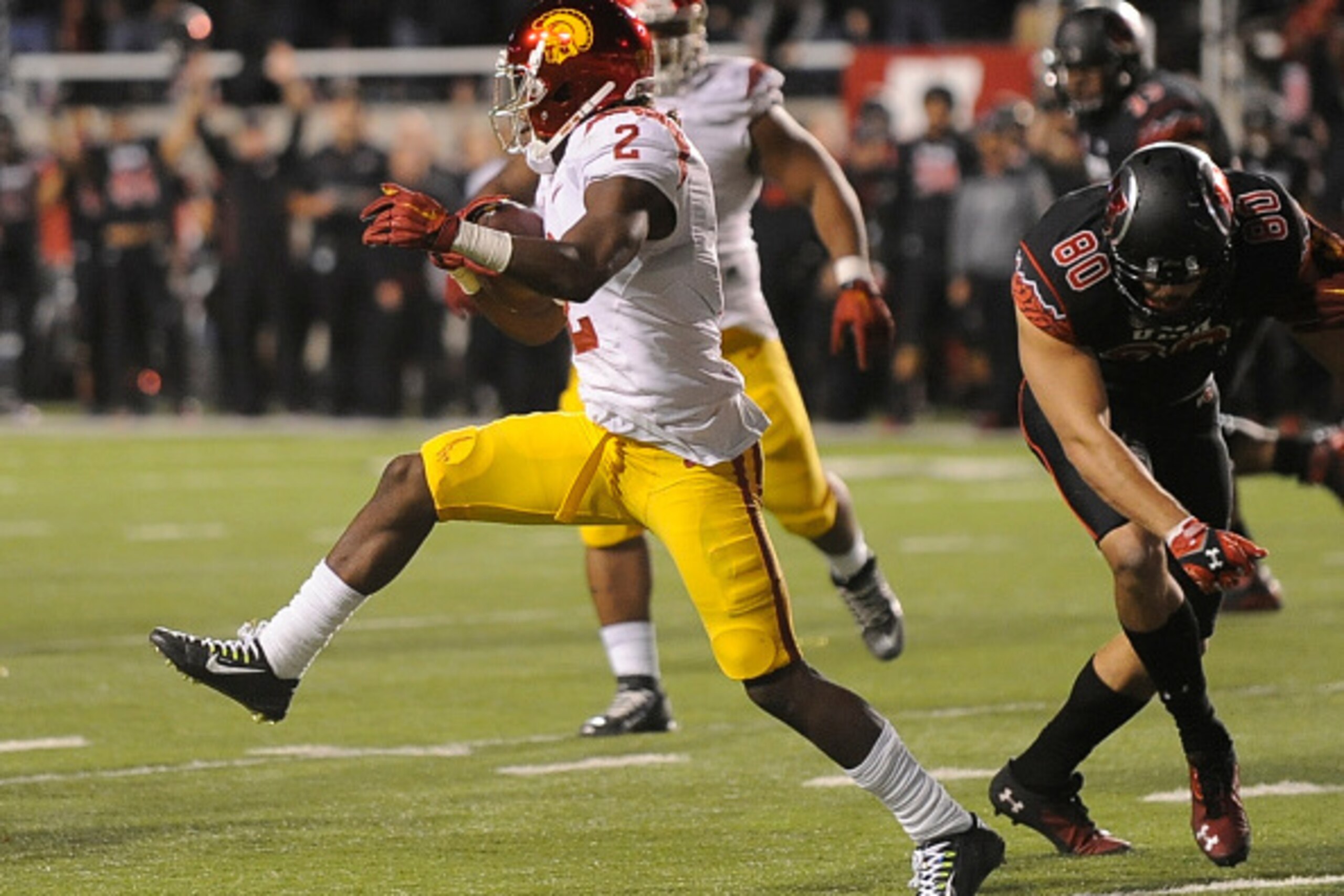 SALT LAKE CITY, UT - OCTOBER 25: Cornerback Adoree' Jackson #2 of the USC Trojans runs after his fumble recovery during their game against the Utah Utes at Rice-Eccles Stadium on October 25, 2014 in Salt Lake City, Utah. (Photo by Gene Sweeney Jr/Getty Im SALT LAKE CITY, UT - OCTOBER 25: Cornerback Adoree' Jackson #2 of the USC Trojans runs after his fumble recovery during their game against the Utah Utes at Rice-Eccles Stadium on October 25, 2014 in Salt Lake City, Utah. (Photo by Gene Sweeney Jr/Getty Im