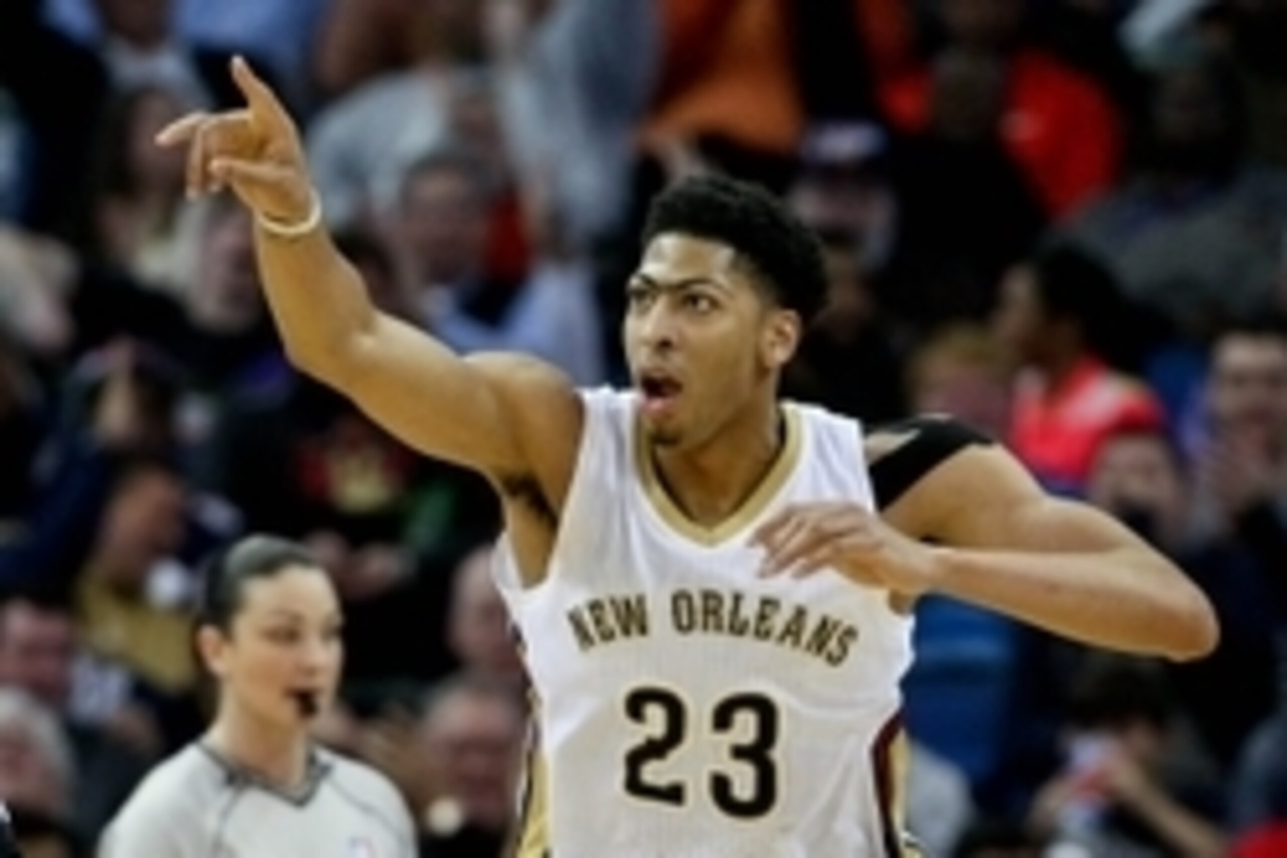 Feb 2, 2015; New Orleans, LA, USA; New Orleans Pelicans forward Anthony Davis (23) reacts after a basket against the Atlanta Hawks during the third quarter of a game at the Smoothie King Center. The Pelicans defeated the Hawks 115-100. Mandatory Credit: D Feb 2, 2015; New Orleans, LA, USA; New Orleans Pelicans forward Anthony Davis (23) reacts after a basket against the Atlanta Hawks during the third quarter of a game at the Smoothie King Center. The Pelicans defeated the Hawks 115-100. Mandatory Credit: D