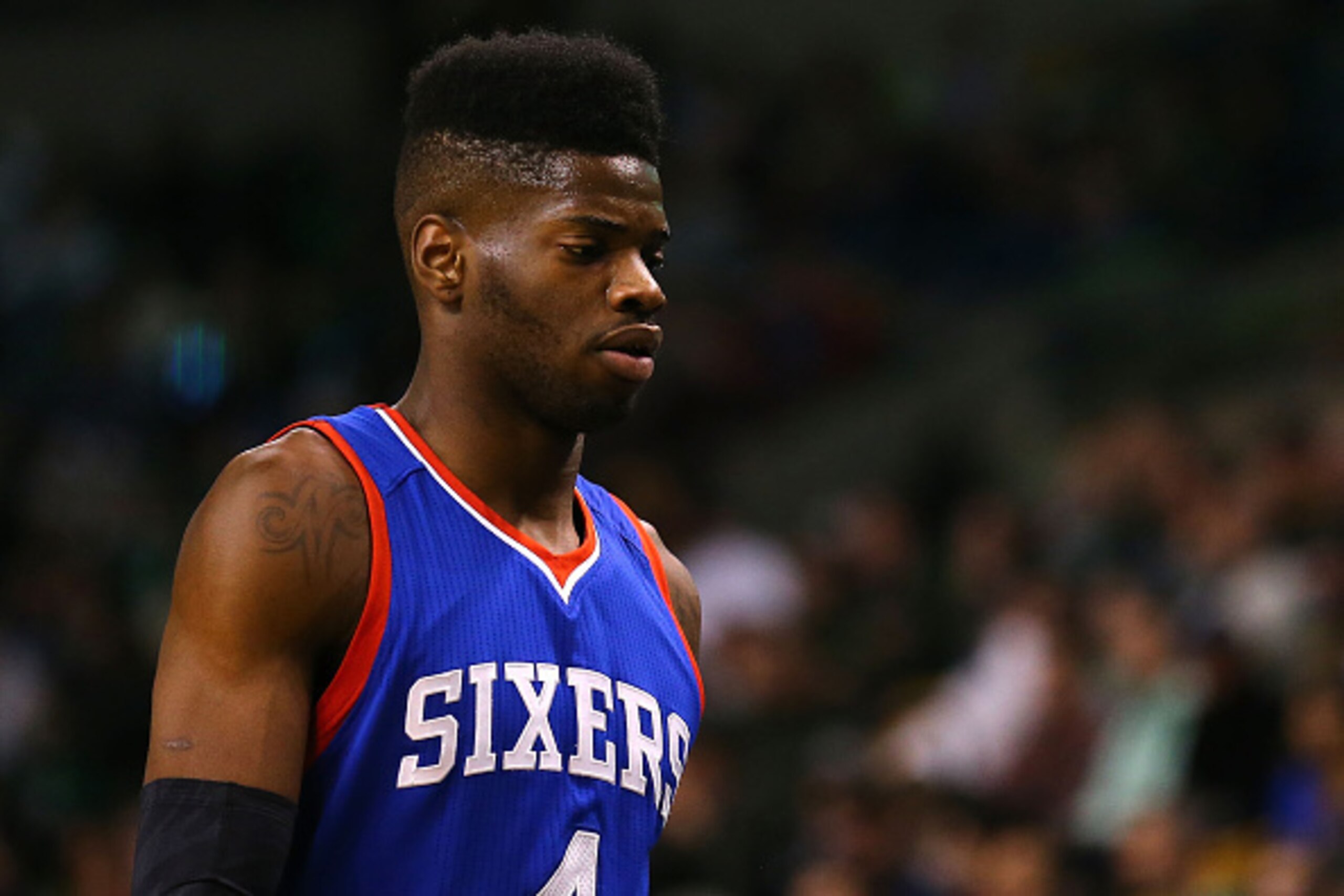 BOSTON, MA - FEBRUARY 06:  Nerlens Noel #4 of the Philadelphia 76ers enters the huddle during a time out during the second quarter against the Boston Celtics at TD Garden on February 6, 2015 in Boston, Massachusetts.  (Photo by Maddie Meyer/Getty Images) 