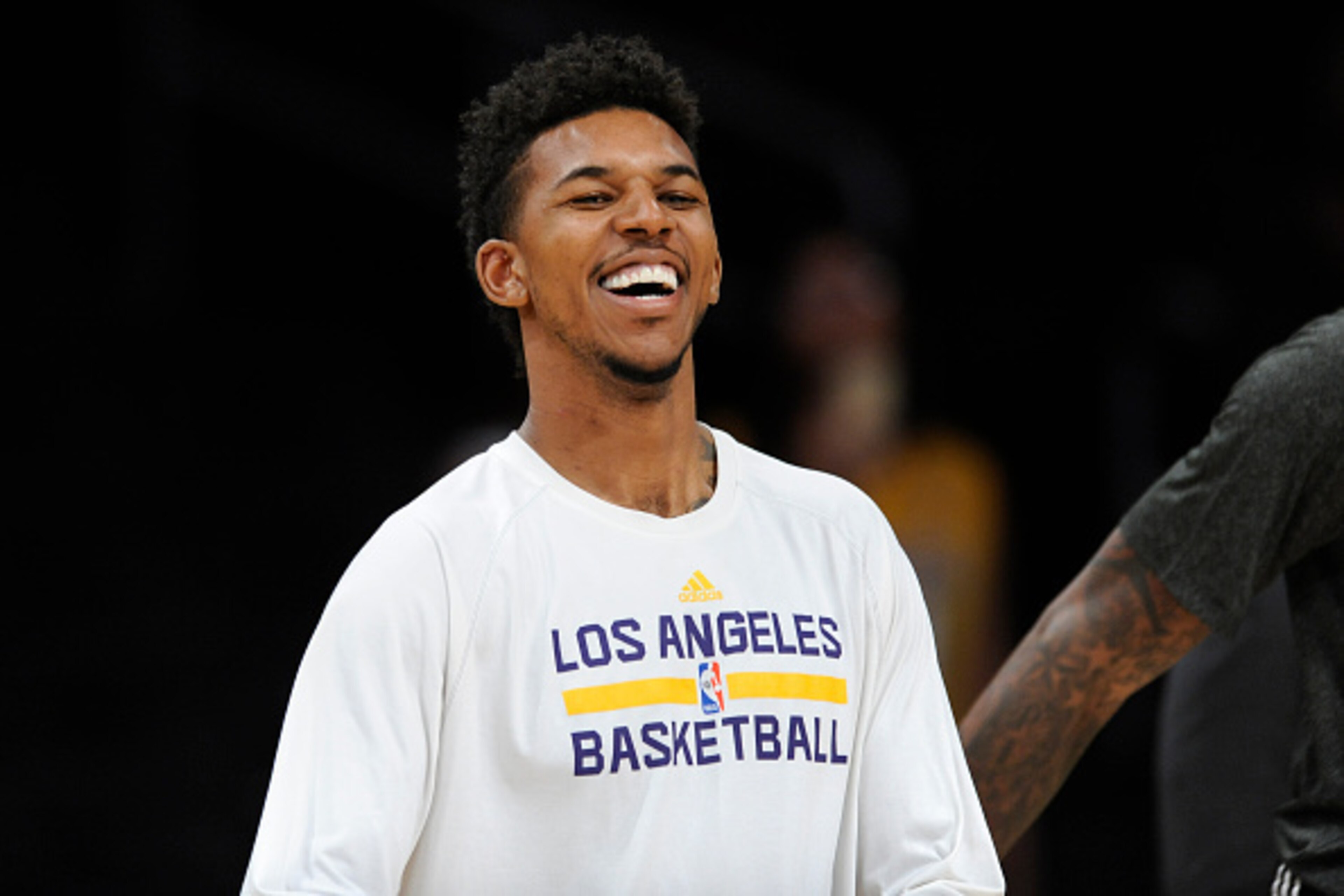 LOS ANGELES, CA - JANUARY 15: Nick Young #0 of the Los Angeles Lakers warms up before a game against the Cleveland Cavaliers at STAPLES Center on January 15, 2015 in Los Angeles, California. NOTE TO USER: User expressly acknowledges and agrees that, by do