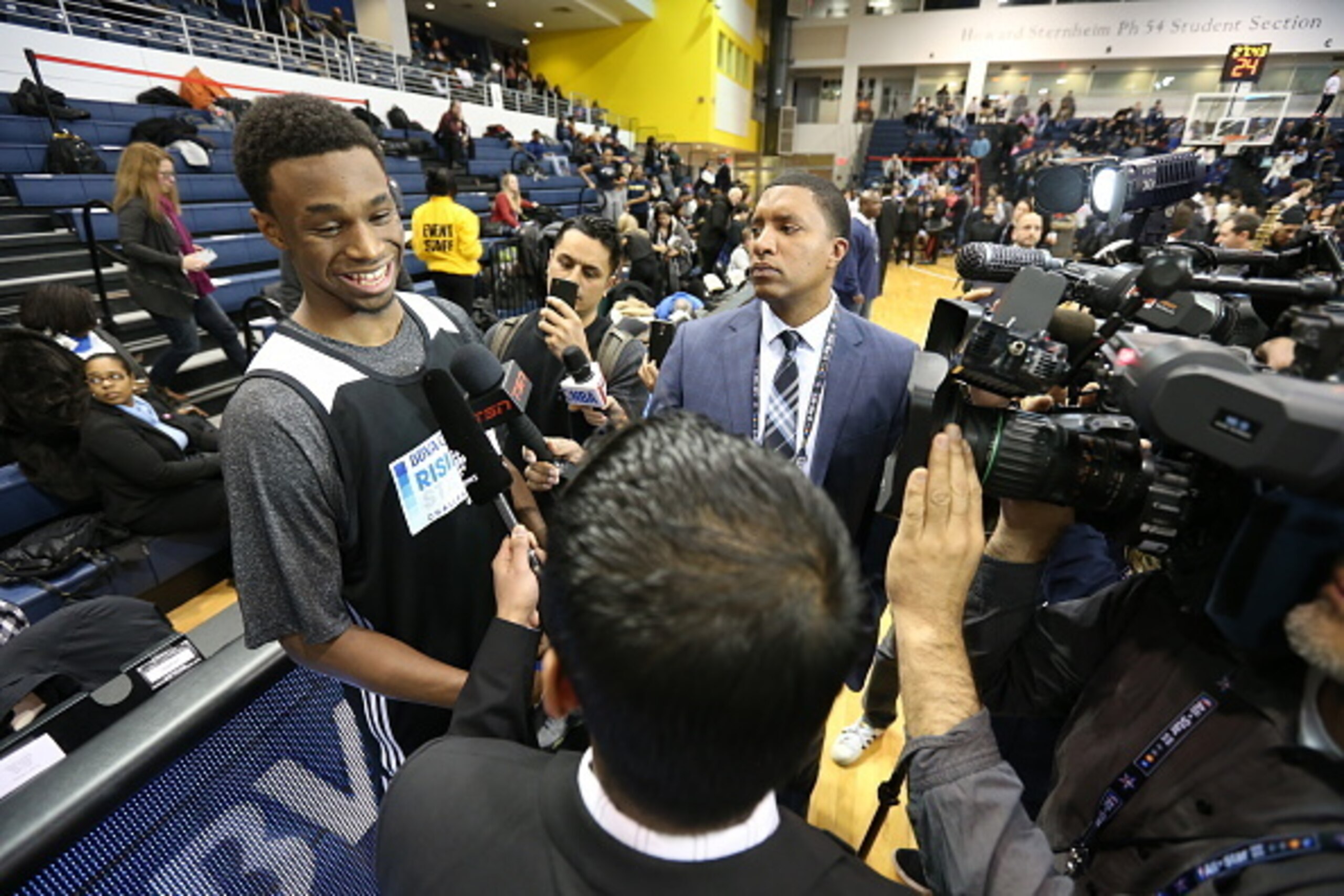 NEW YORK, NY - FEBRUARY 12: Andrew Wiggins #22 of the Minnesota Timberwolves speaks to the media during practice for the BBVA Compass Rising Stars event which is part of the 2015 All-Star weekend at LIU on February 12, 2014 in the Brooklyn borough of New 