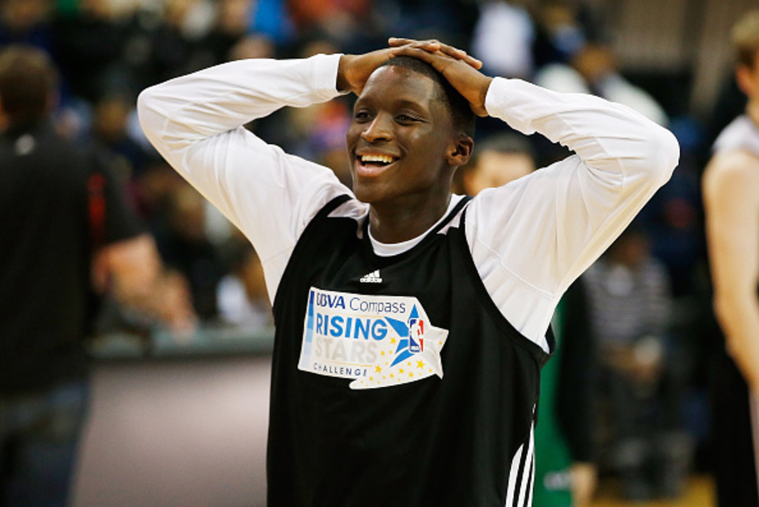 NEW YORK, NY - FEBRUARY 12: Victor Oladipo of the Orlando Magic smiles during the BBVA Compass Rising Stars Practice at NBA House presented by BBVA Compass in the LIU Paramount Theatre during the 2015 NBA All-Star on February 12, 2015 in Brooklyn, New Yor