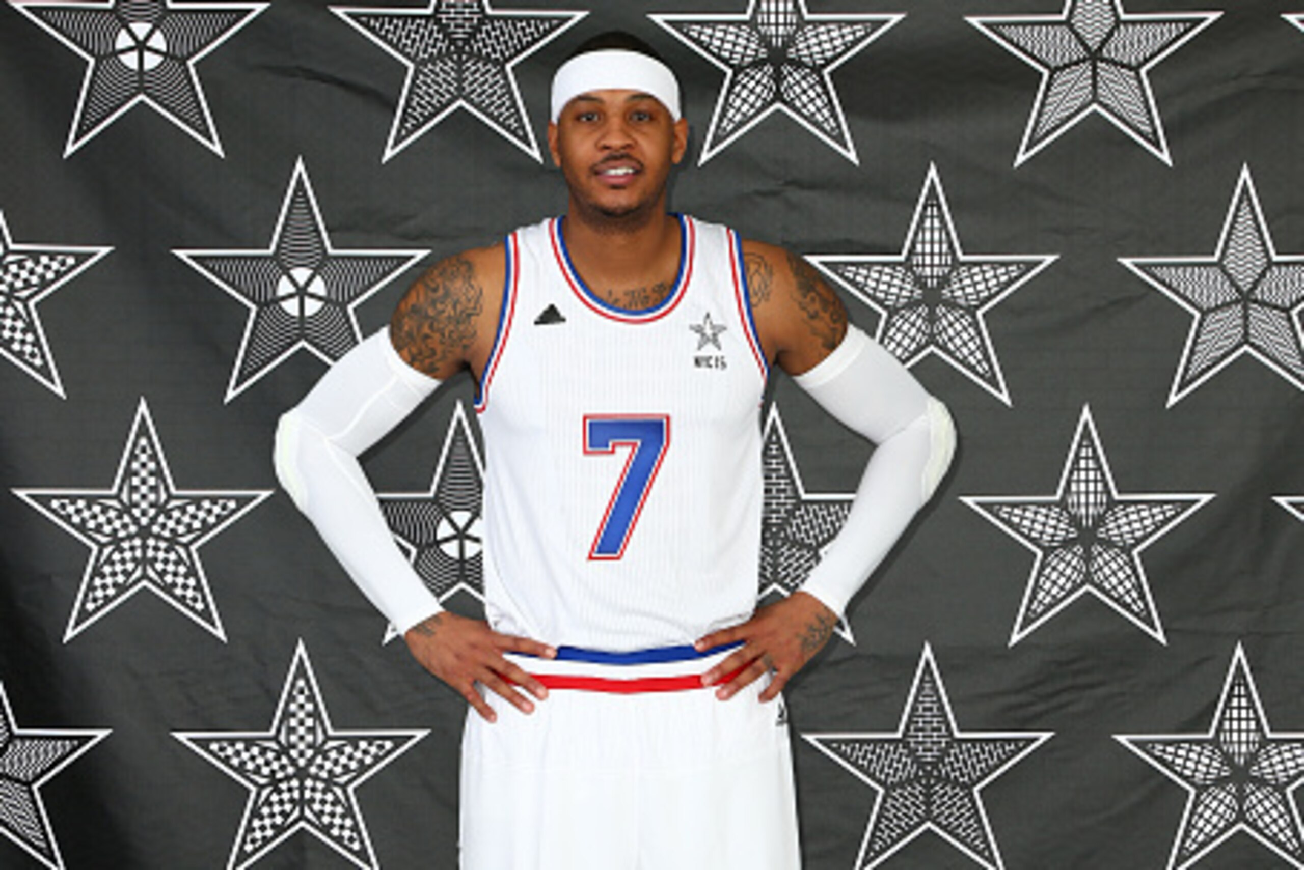 NEW YORK, NY - JANUARY 22:  Carmelo Anthony #7 of the New York Knicks poses for his All Star Starter photos on January 22, 2015 at Madison Square Garden in New York City, New York. NOTE TO USER: User expressly acknowledges and agrees that, by downloading 