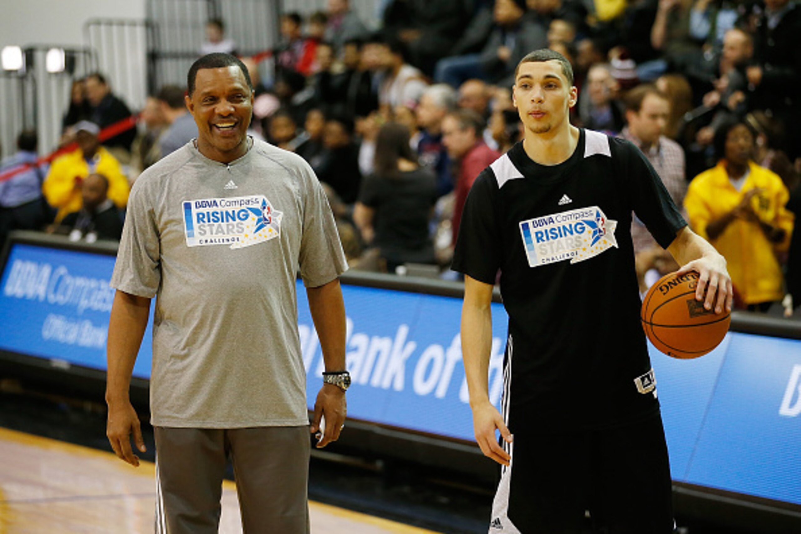 NEW YORK, NY - FEBRUARY 12: Zach LaVine of the Minnesota Timberwolves talks with head coach Alvin Gentry during the BBVA Compass Rising Stars Practice at NBA House presented by BBVA Compass in the LIU Paramount Theatre during the 2015 NBA All-Star on Febr