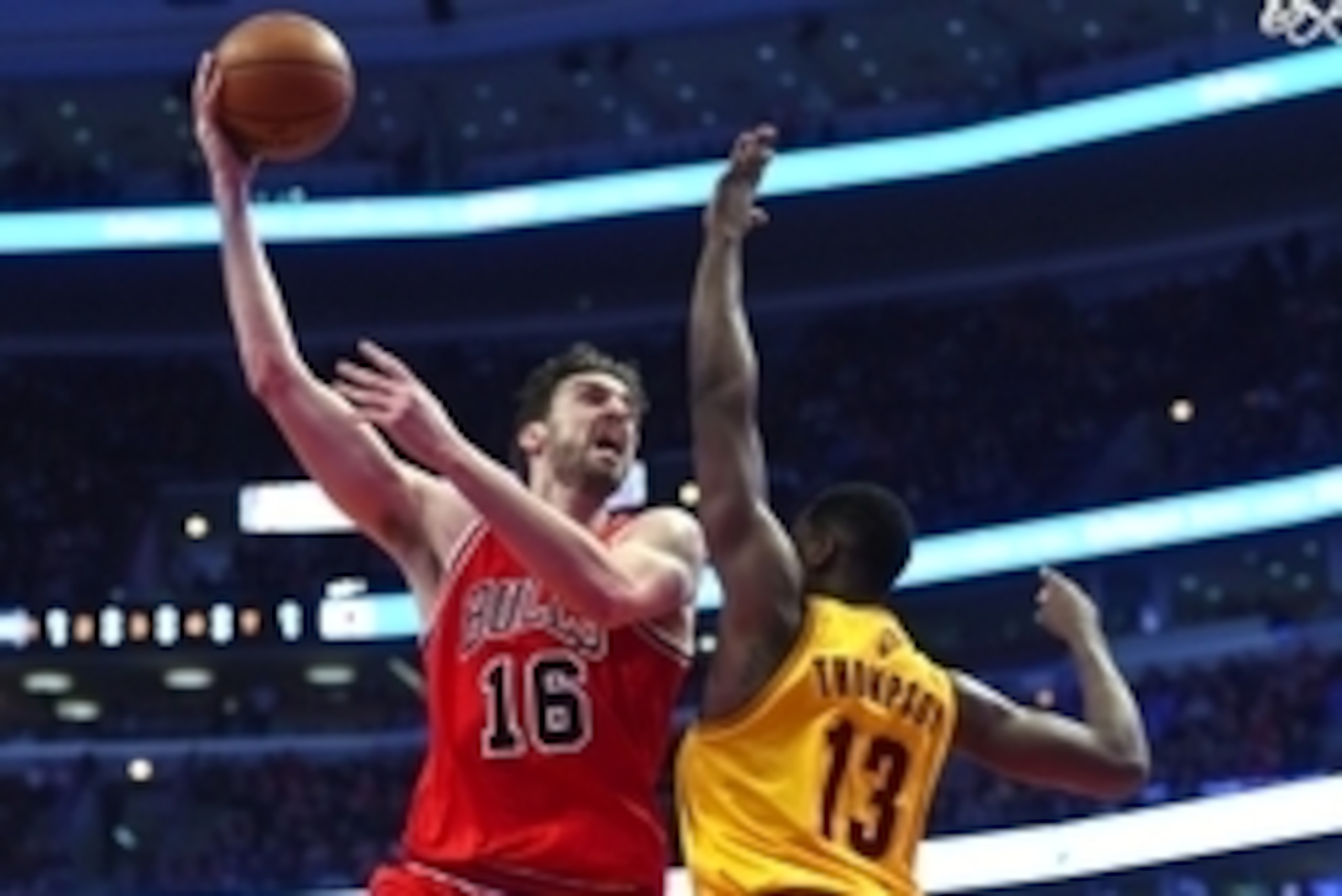 Feb 12, 2015; Chicago, IL, USA; Chicago Bulls forward Pau Gasol (16) shoots the ball against Cleveland Cavaliers center Tristan Thompson (13) during the first quarter at the United Center. Mandatory Credit: Mike DiNovo-USA TODAY Sports
